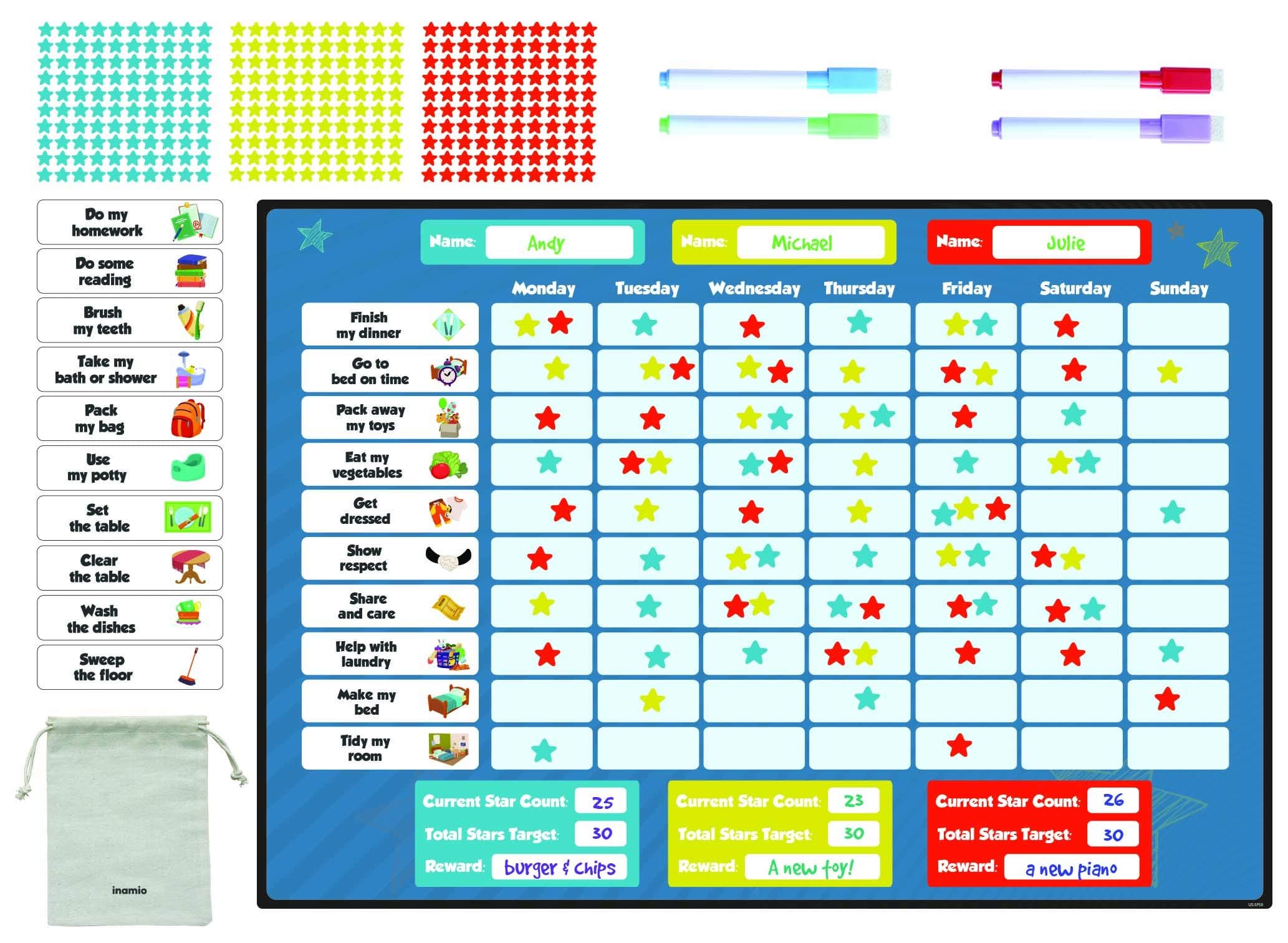 Reward Chart – Behavior Chart for Kids – Magnetic Star Chart for Boys and Girls – Toddlers Chore Chart includes 300 Stars. 12 x 17 Assorted