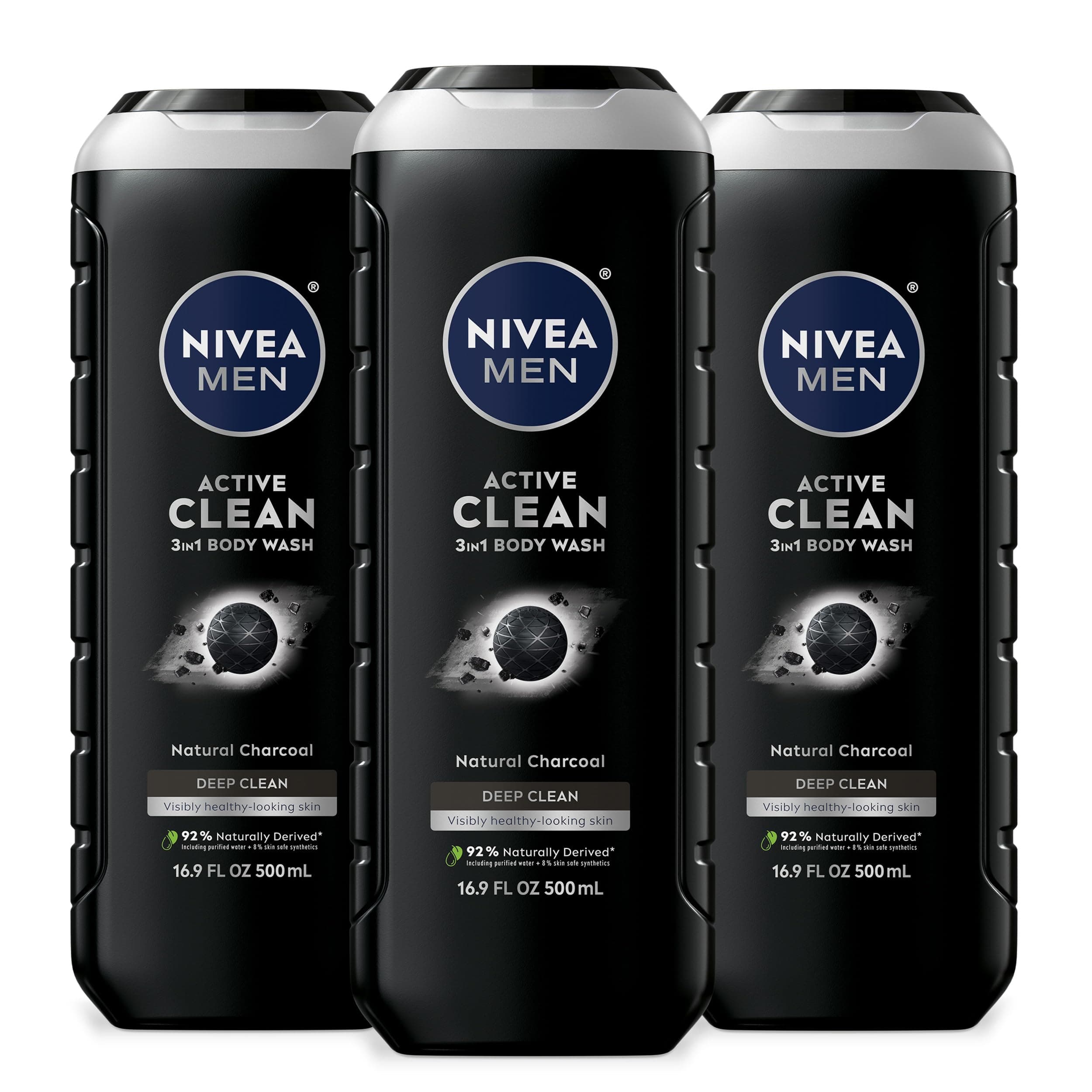DEEP Active Clean Body Wash - 8-hour Fresh Scent with Natural Charcoal - 16.9 fl. oz. Bottle (Pack of 3)