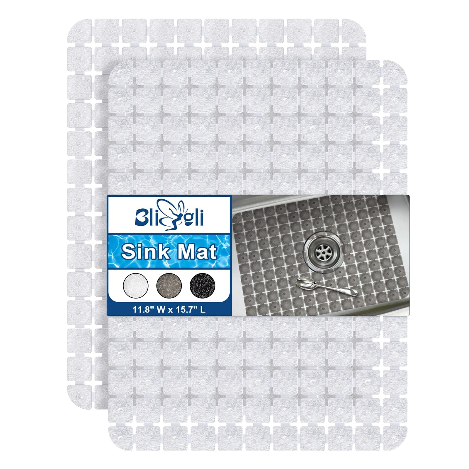 Bligli Sink Mat for Stainless Steel/Ceramic Sinks, 2 Pack 15.7x11.8 inches PVC Sink Protectors for Bottom of Kitchen Sink, Dishes and Glassware drain Mats, Durable and Fast Draining (Transparent)