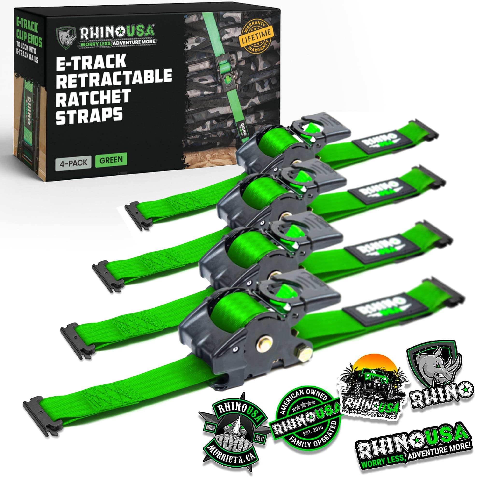 E Track Retractable Ratchet Tie Down Straps - 3033lb BreakStrength - Only for E Track Rail Systems. 4 Premium 2" x10' eTrack Tie Downs-Heavy Duty eTrack Cargo Strap System for Trailer-Green