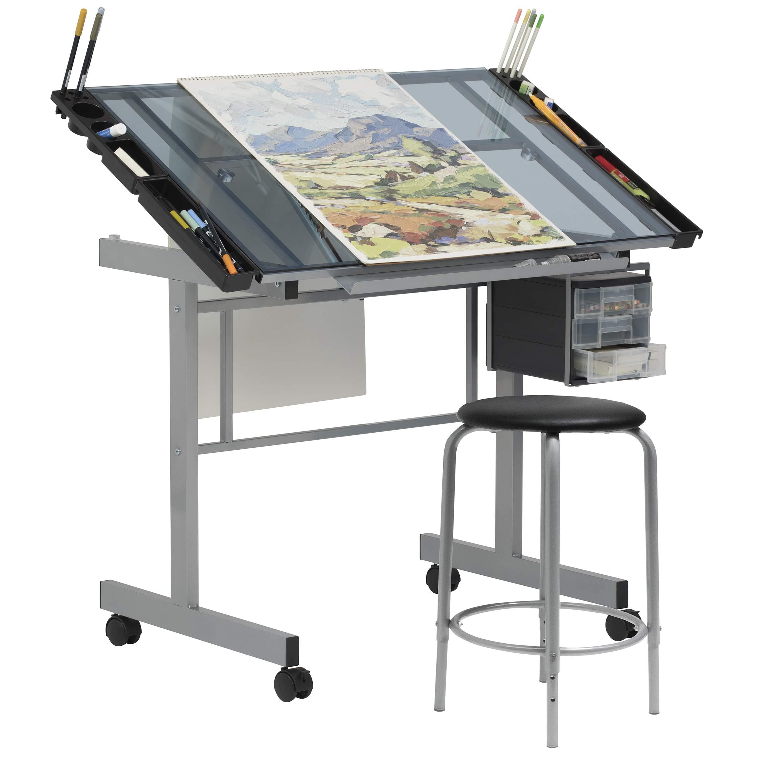 SD STUDIO DESIGNS 2 Piece Vision Modern Metal Hobby, Craft, Drawing, Drafting Table, Mobile Desk With 40.75" W X 25.75" D Angle Adjustable Top In Silver/Blue Glass