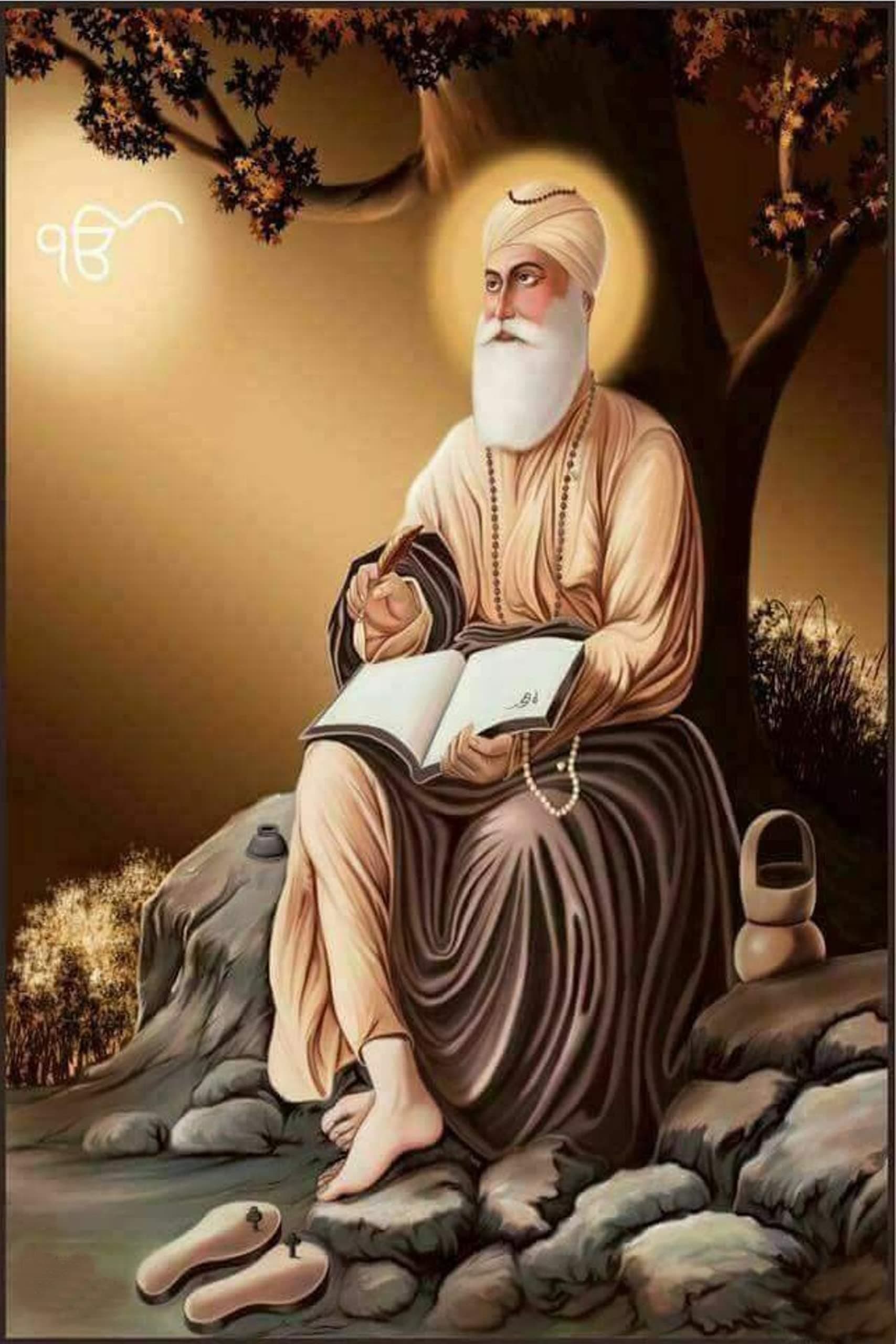 Spiritual Imagine Mart Guru Nanak Dev Ji Sitting Under Tree And Writting 12x18 Inch Poster