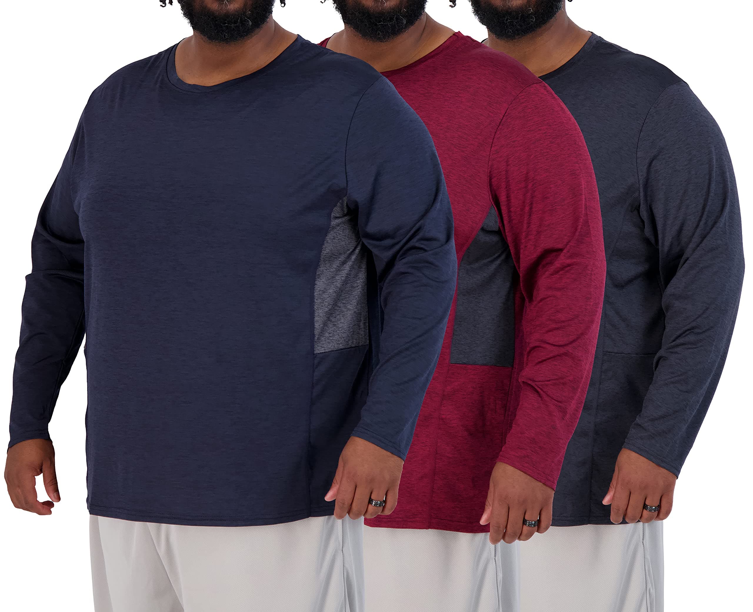 Real Essentials 3 Pack: Men’s Big & Tall Tech Stretch Long-Sleeve & Short-Sleeve Dry-Fit T-Shirt (3XT-5XT)