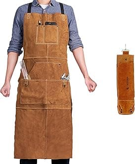 QeeLink Leather Welding Work Apron with 6 Tool Pockets, Heat & Flame Resistant Welder Aprons, 24" x 36", Adjustable M to XXXL