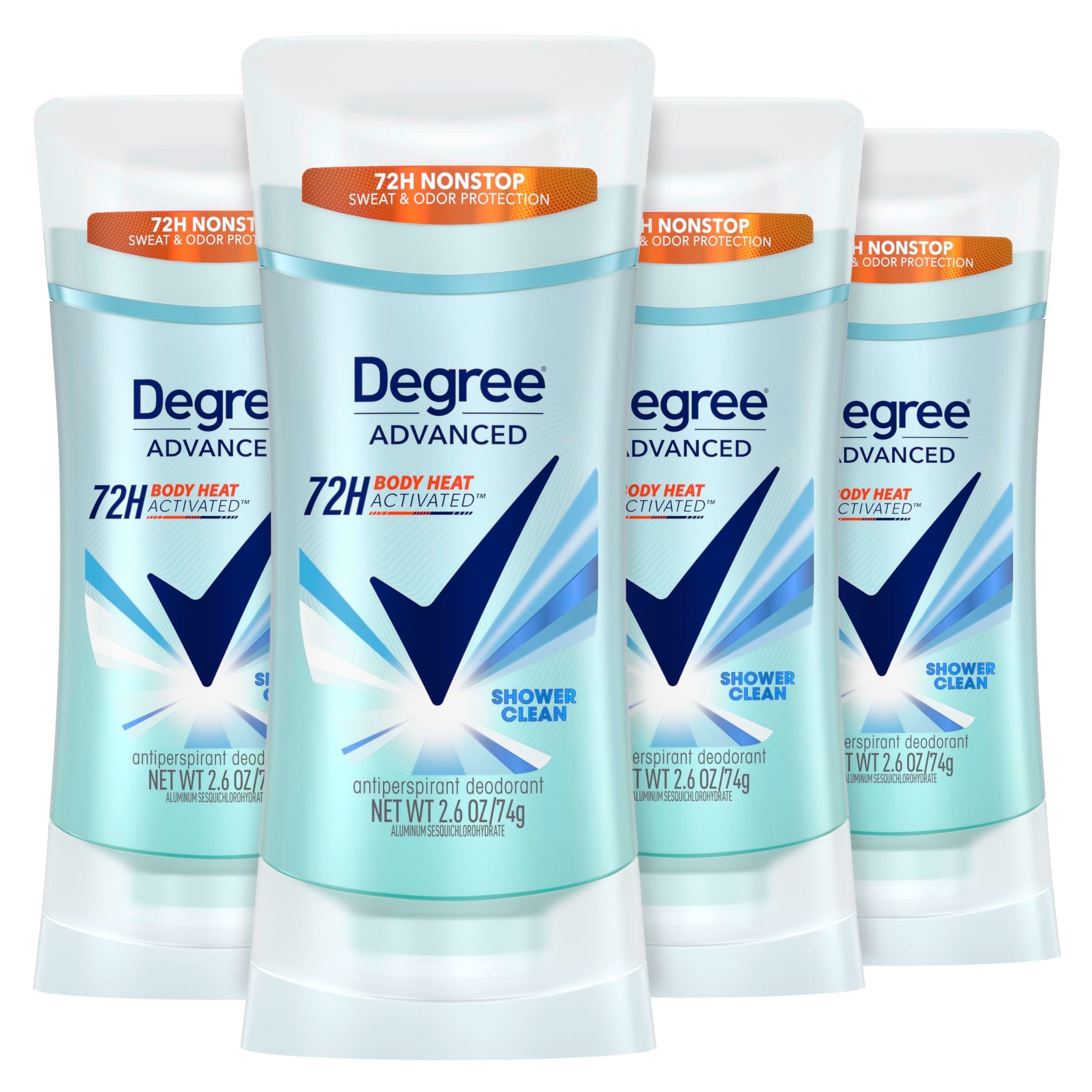 Degree Advanced Antiperspirant Deodorant 4 count 72-Hour Sweat & Odor Protection Shower Clean Antiperspirant for Women with MotionSense Technology 2.6 oz