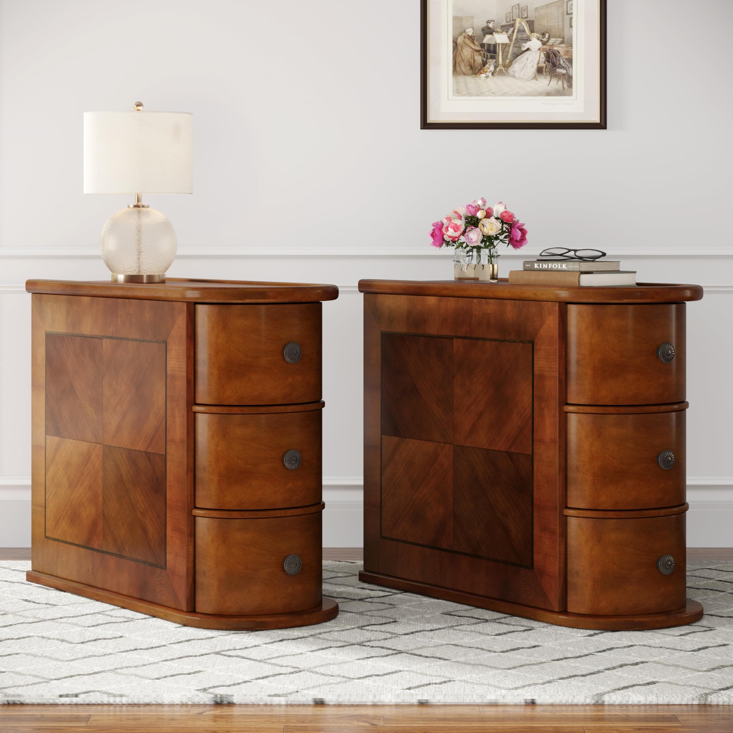 Wood End Table with 3 Drawers, No Assembly Required Narrow Sofa Side Table for Living Room, Vintage Slim Nightstand Bedside Table for Bedroom (3 Drawers, Brown, 2 Pcs)