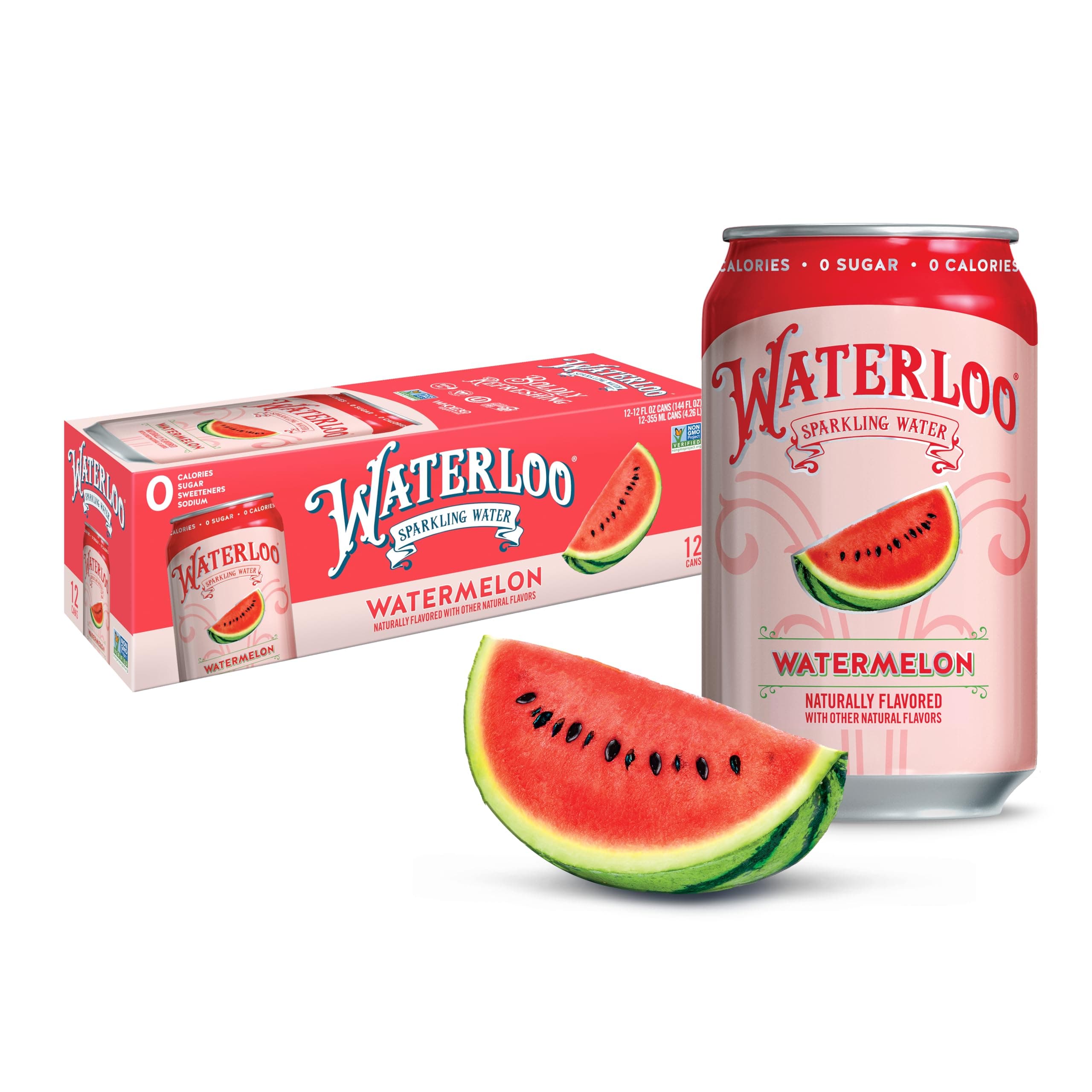 Waterloo Watermelon Sparkling Water - Organic - 12 Pack x 355ml - 0 Sugar, 0 Calories, Non-GMO, Gluten Free, BPA Free, Vegan,Whole30, Kosher, No Artificial Sweetener, Soda & Tonic Replacement