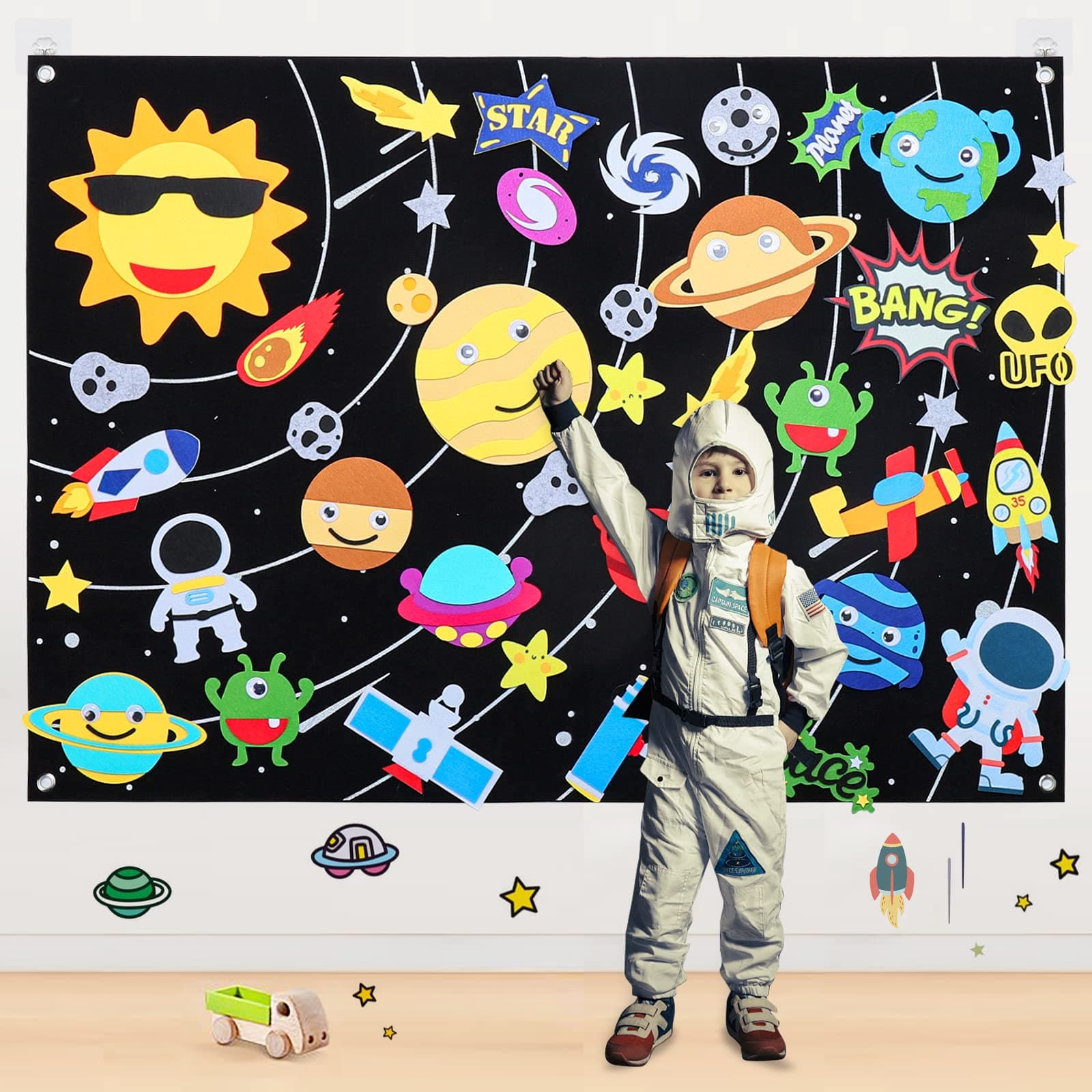 HomeMall 43Pcs Outer Space Felt Board Story Set, 3.5 Ft Toddlers Kids Solar System Universe Learning Storytelling Flannel Board, Rocket Astronaut Planets Galaxy Play Kit with for Boys Girls