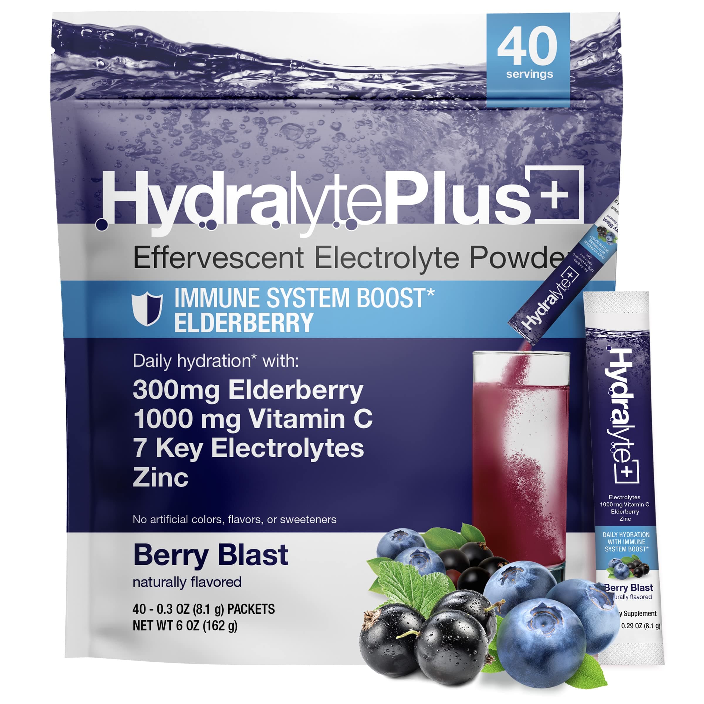 Hydralyte Electrolytes Plus Immunity, Elderberry - Low Sugar Rapid Rehydration Powder - Lightly Sparkling Electrolyte Powder Packets with 1,000mg Vitamin C and 300 mg Elderberry (8oz Serve, 40 Count)