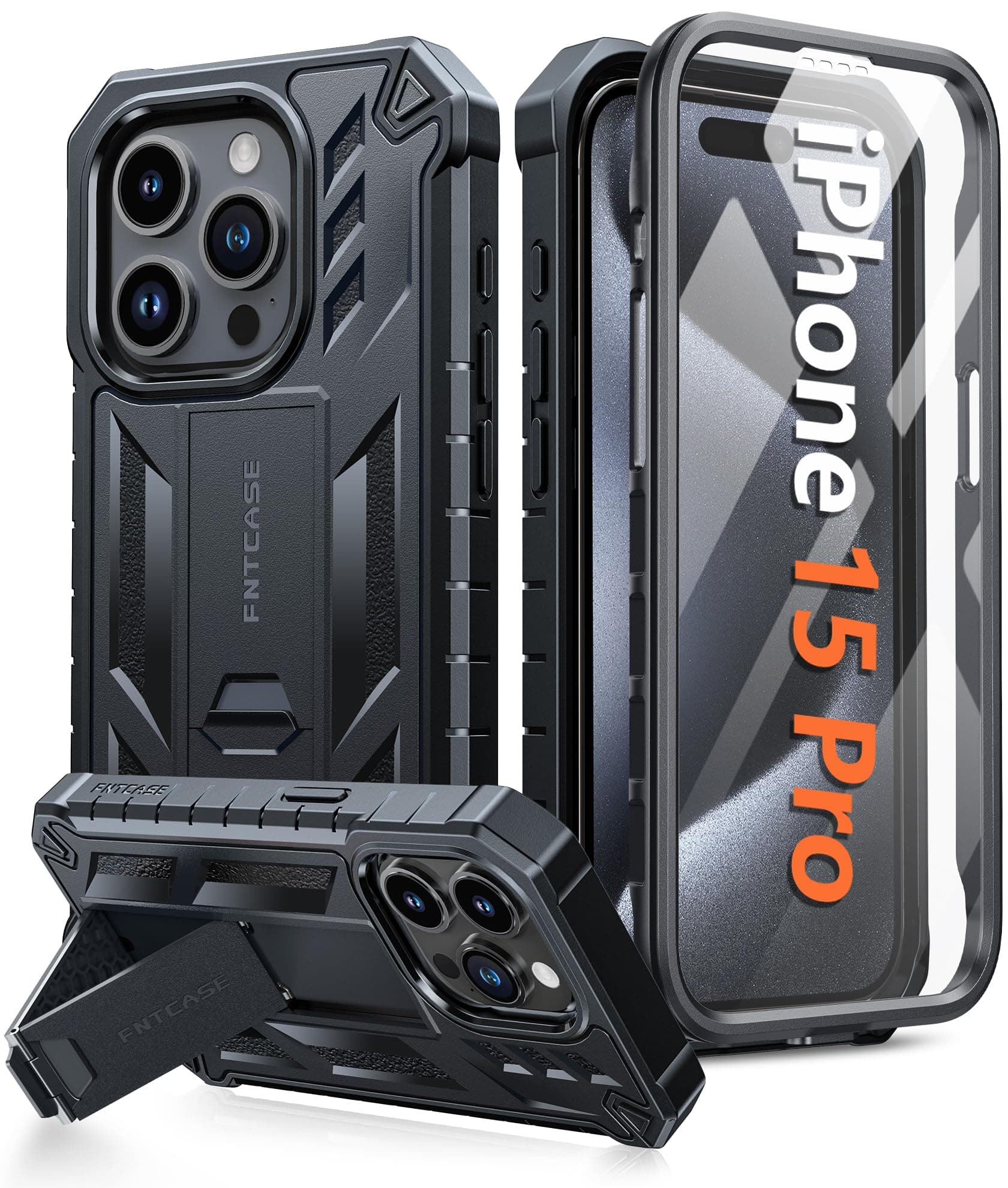 for iPhone 15 Pro Case: Military Grade Drop Proof Rugged Protective Cell Phone Cover with Kickstand & Built-in Protector | Matte Textured Shockproof TPU Hybrid Bumper Cases (Black)