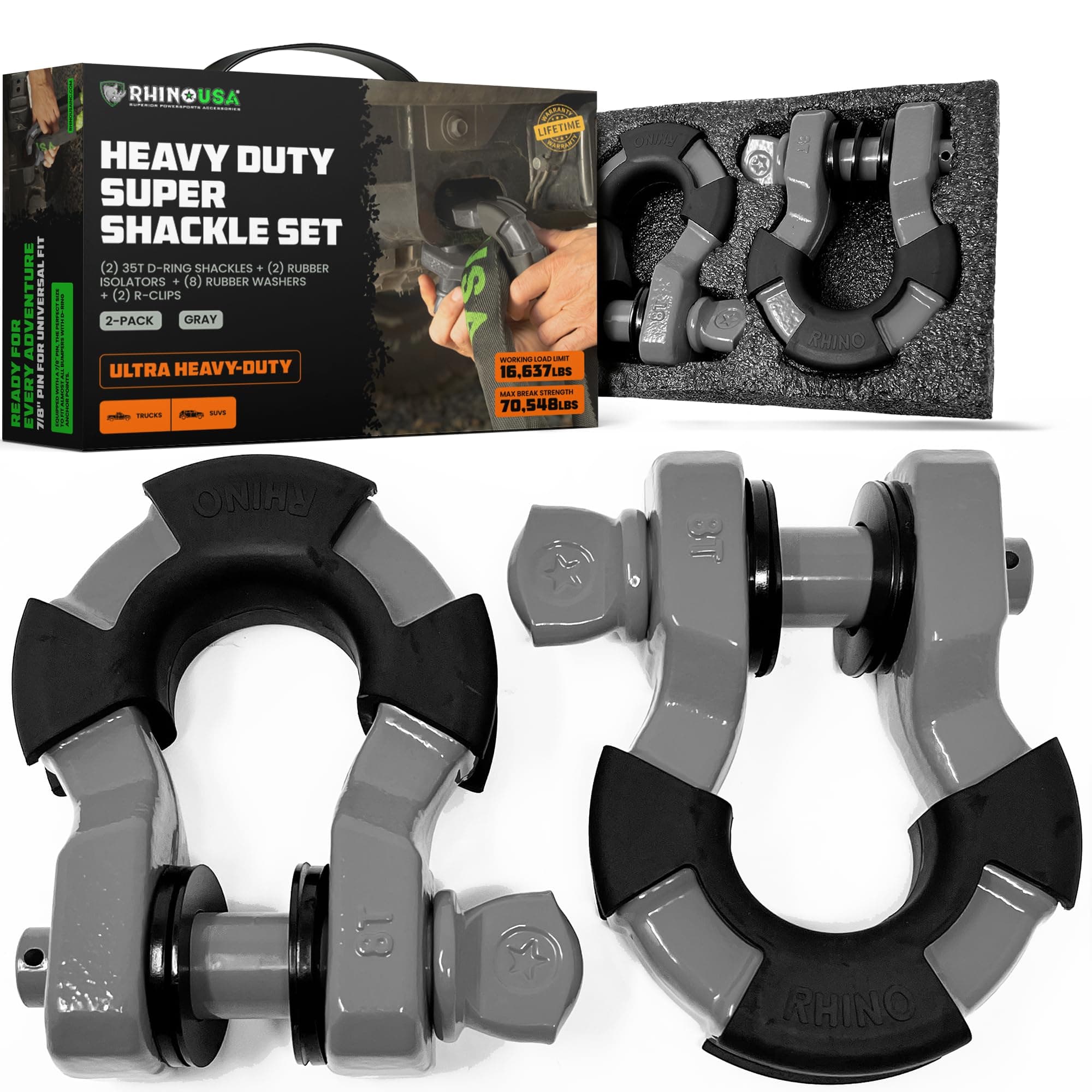 Super D Ring Shackles (2-Pack) - 70,548lb Break Strength – Heavy Duty 3/4" Clevis Shackle with 7/8 Pin for Towing & Off-Road Use - Pairs with Tow Strap for Vehicle Recovery (Gray)