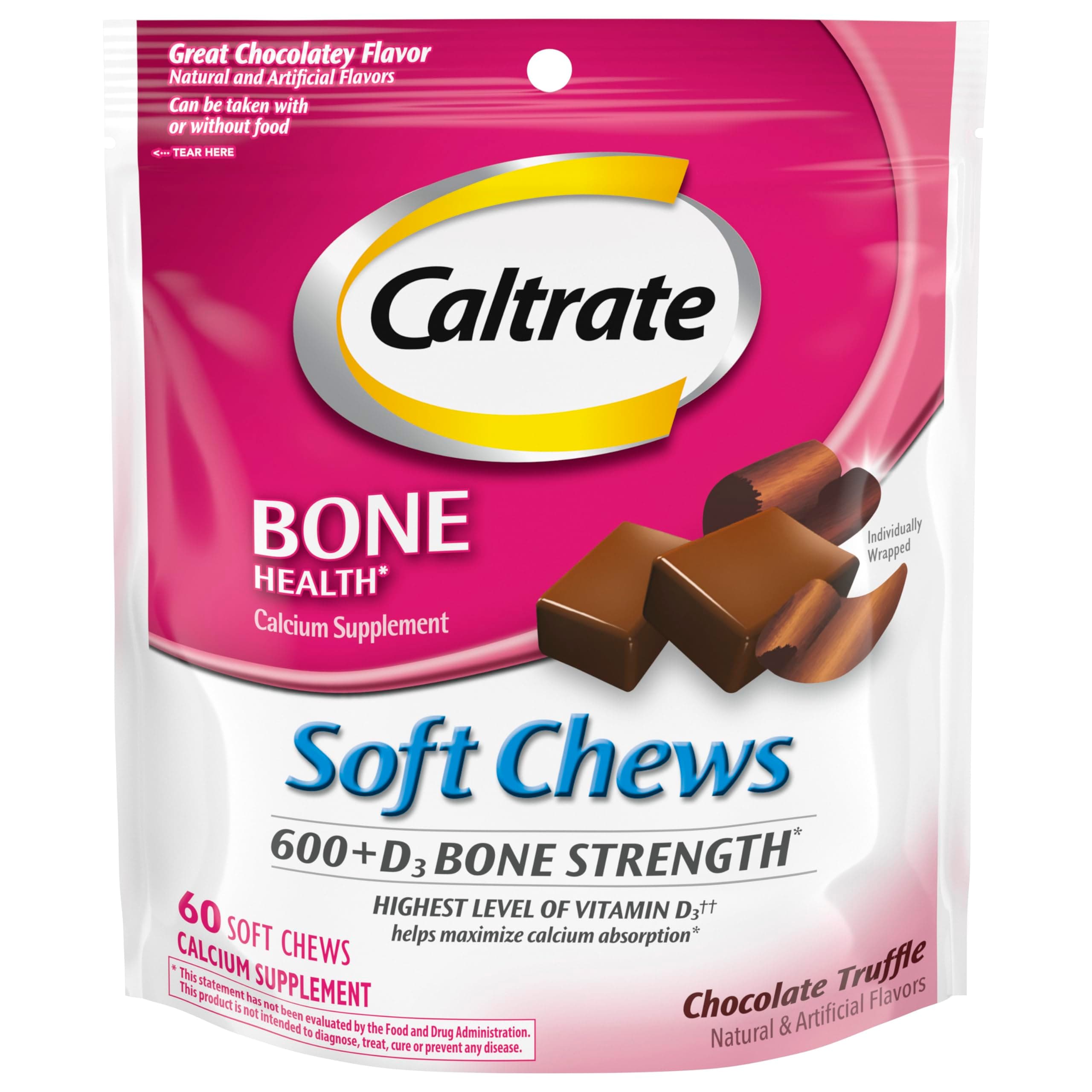 Soft Chews 600 Plus D3 Calcium Vitamin D Supplement, Chocolate Truffle - 60 Count(Packaging May Vary)