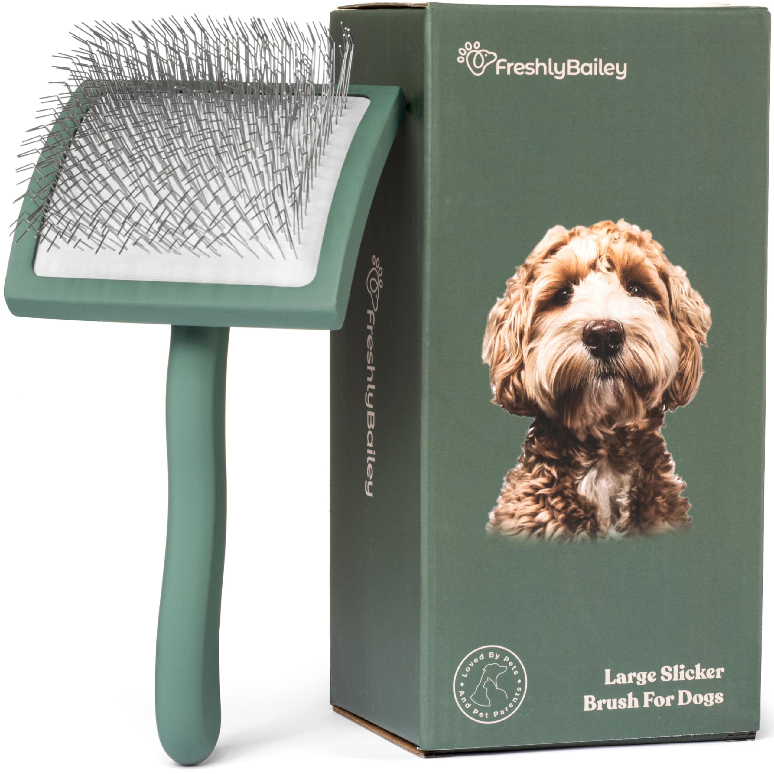 Long Pin Slicker Brush for Dogs - Best for Medium to Long Haired Dogs - Great for Grooming Doodle, Poodle, Husky, Goldendoodle, Bernadoodle, Labradoodle - Green Curved -