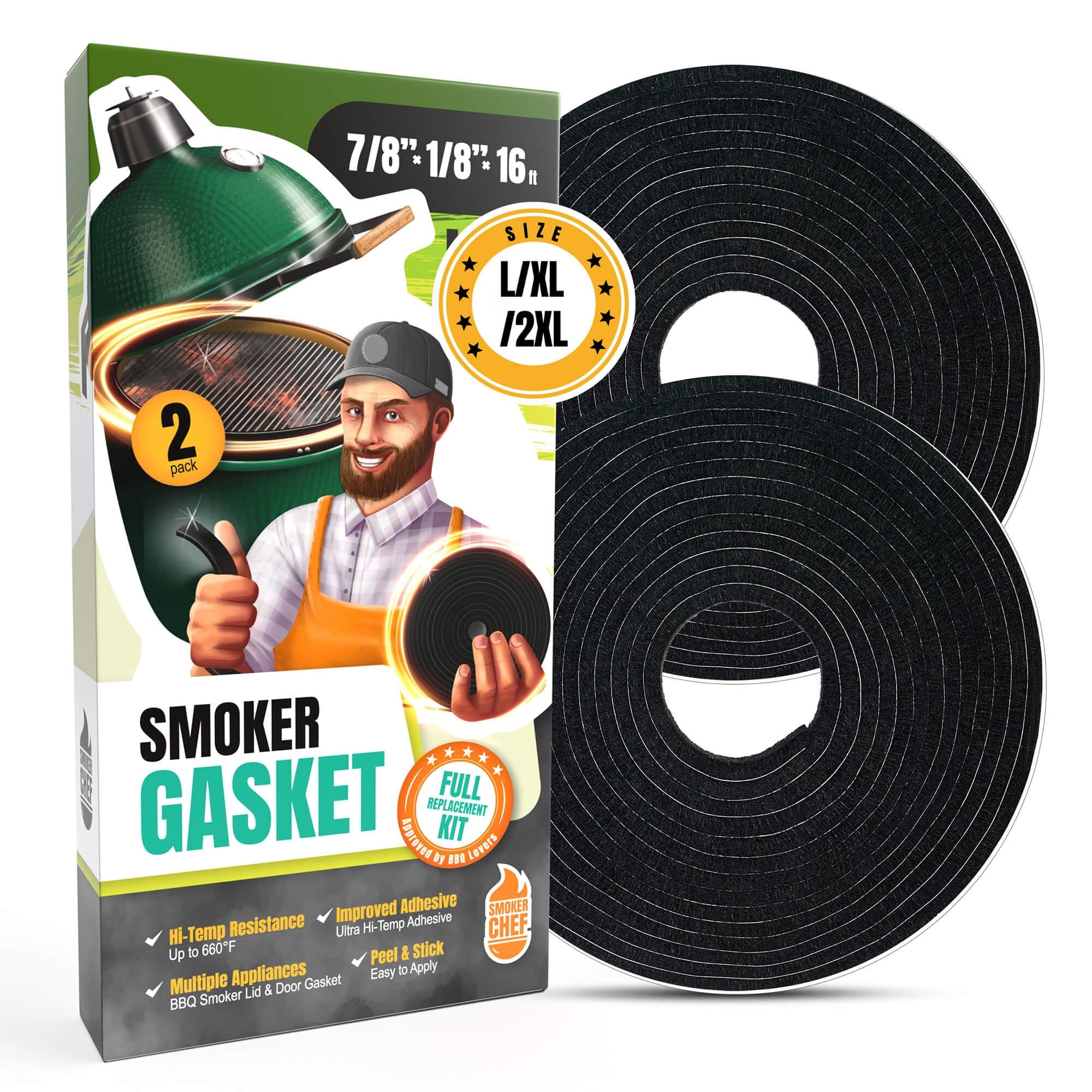 Big Green Egg Gasket Replacement Large/XL/XXL - 2-Pack x 8 FT Gasket Seal - BGE Gasket 7/8" x 1/8" Felt - Compatible with Big Green Egg - Accessories & Parts for Grill