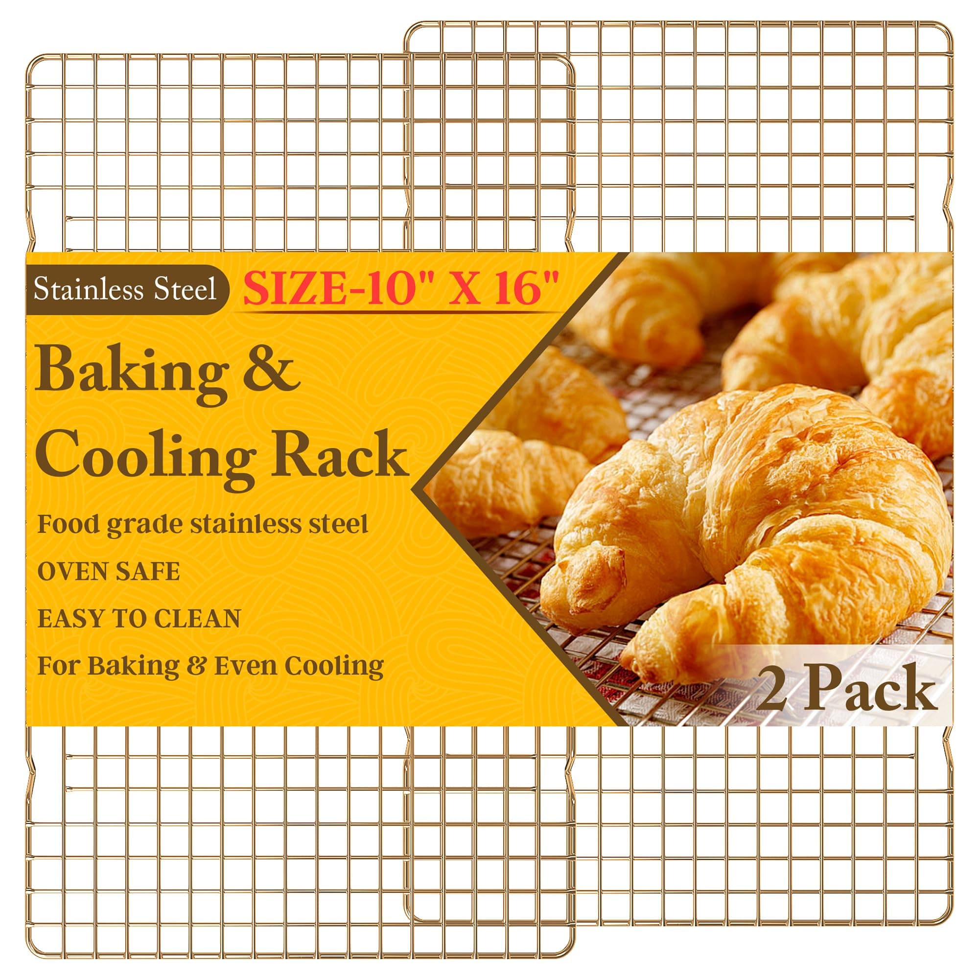 2PCS Cooling Racks for Cooking and Baking - 10" x 16"Heavy Duty Stainless Steel Wire Rack for Baking, Grilling, Roasting - Oven & Dishwasher Safe - Fits Half Sheet Pan(Gold)