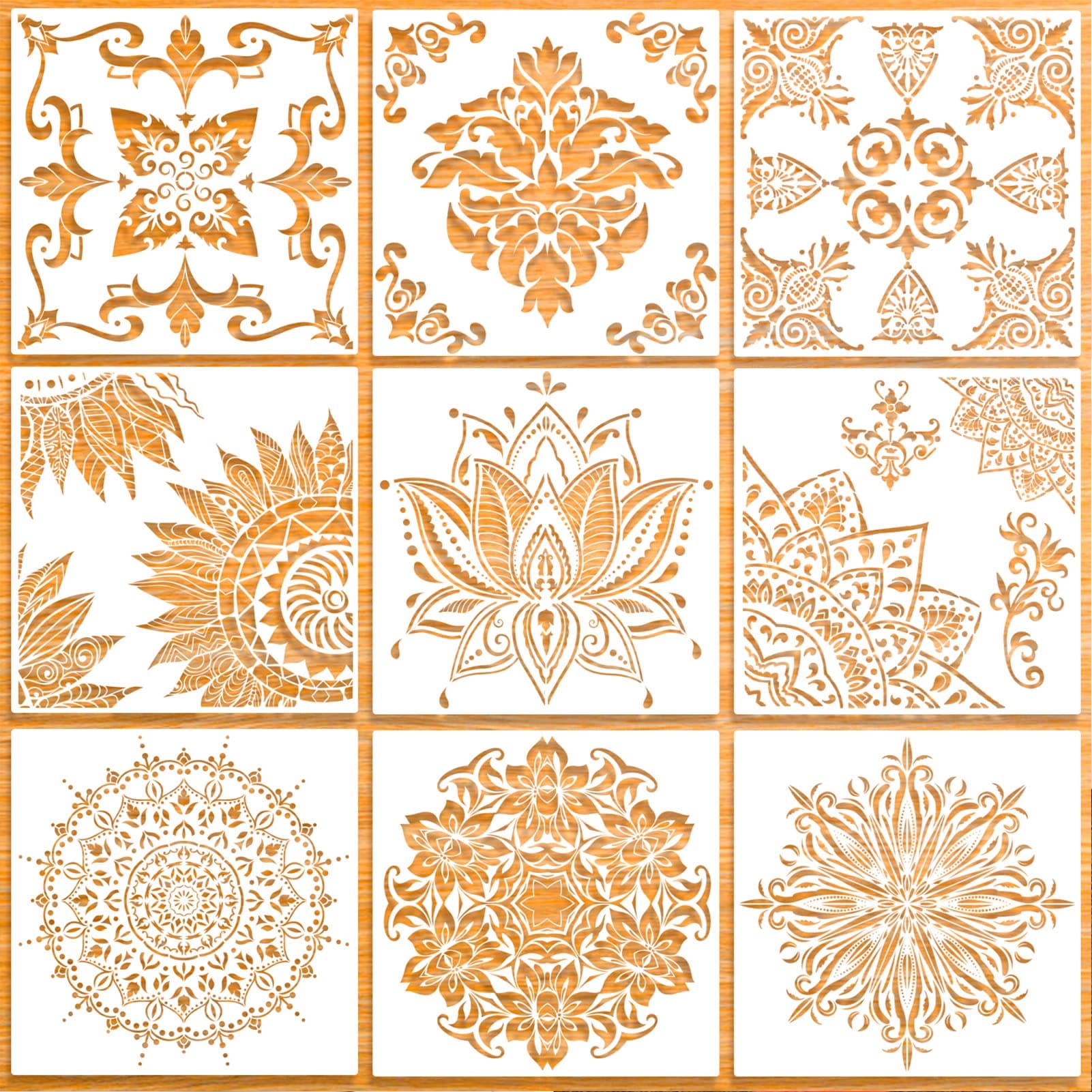 9 Pack (12x12 Inch) Large Reusable Stencil Mandala Stencil Laser Cut Painting Template for Floor Wall Tile Fabric Furniture Stencils Painting