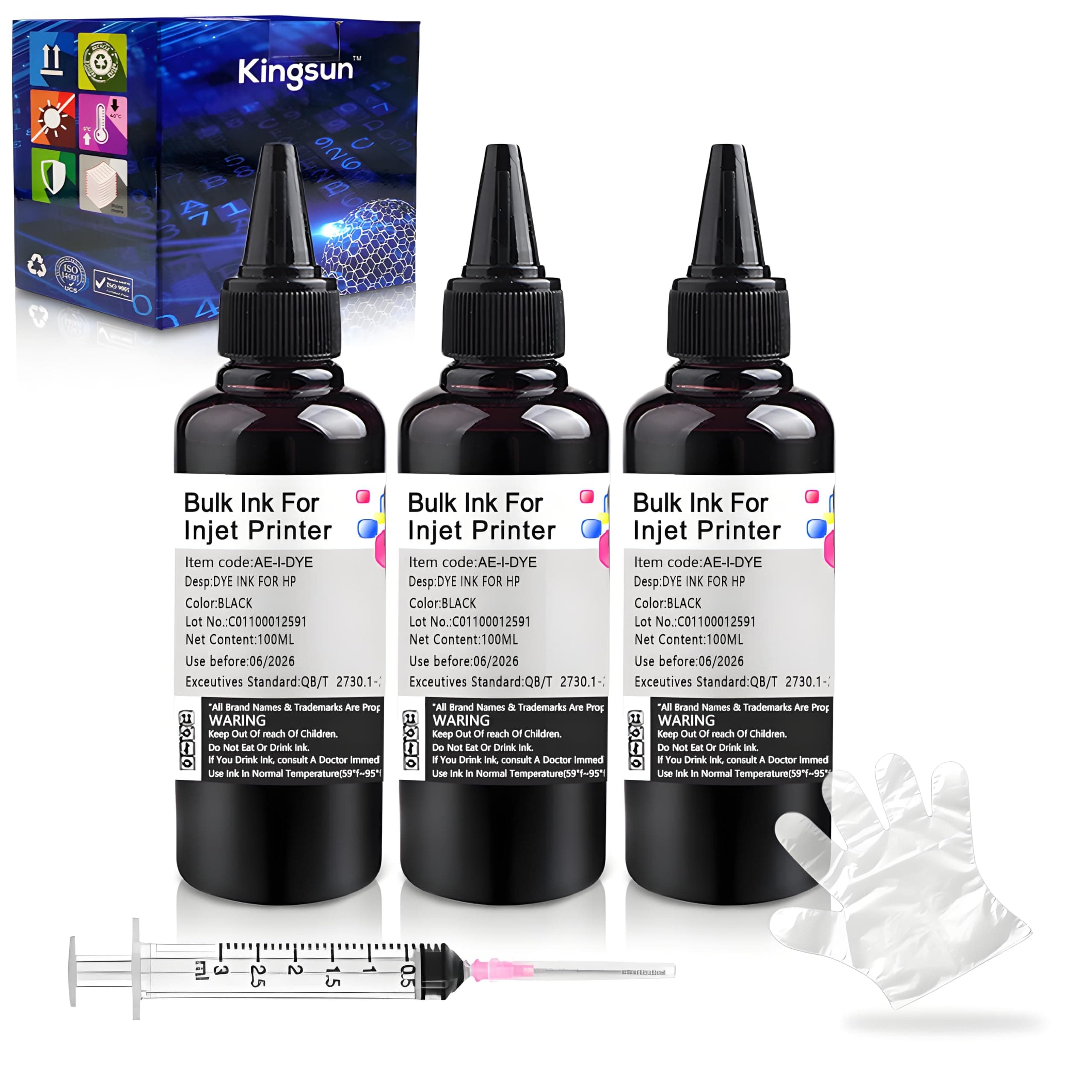 Ink Refill Kit Black for HP Printer Cartridges HP Ink 952 902 951 950 933 63 62 61 60 901 932 21 22 920 940 934 564 711 970 971 94 95 96 (100ml x 3 Bottle) with 1 Syringes and Gloves