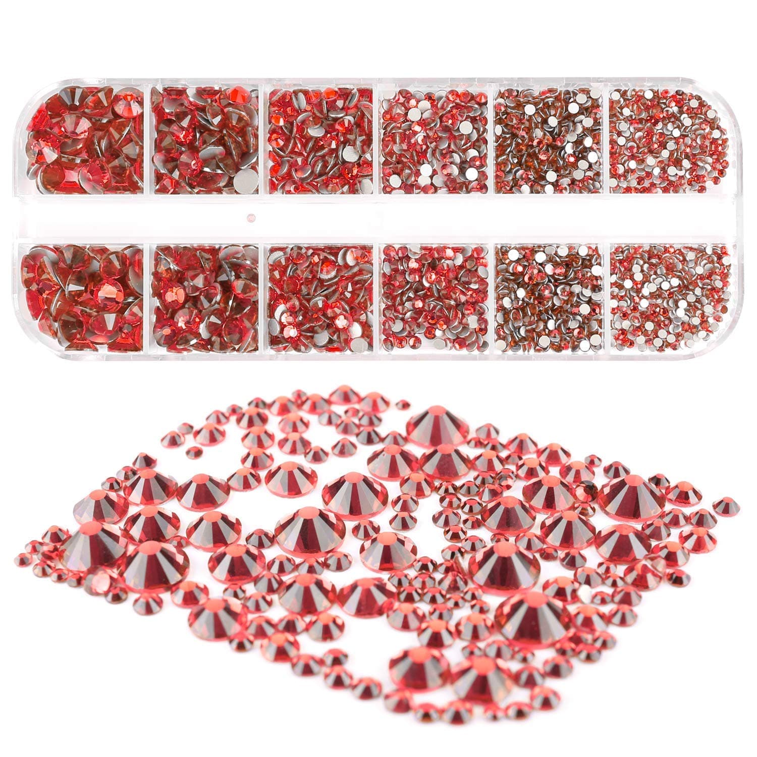 MWOOT 2000PCS Flatback Rhinestones, 6 Sizes (2-5mm) Round Crystal Gems Stones Set With Tweezers and Picking Pen for Crafts Nail Face Art Clothes Shoes Bags DIY (Red)