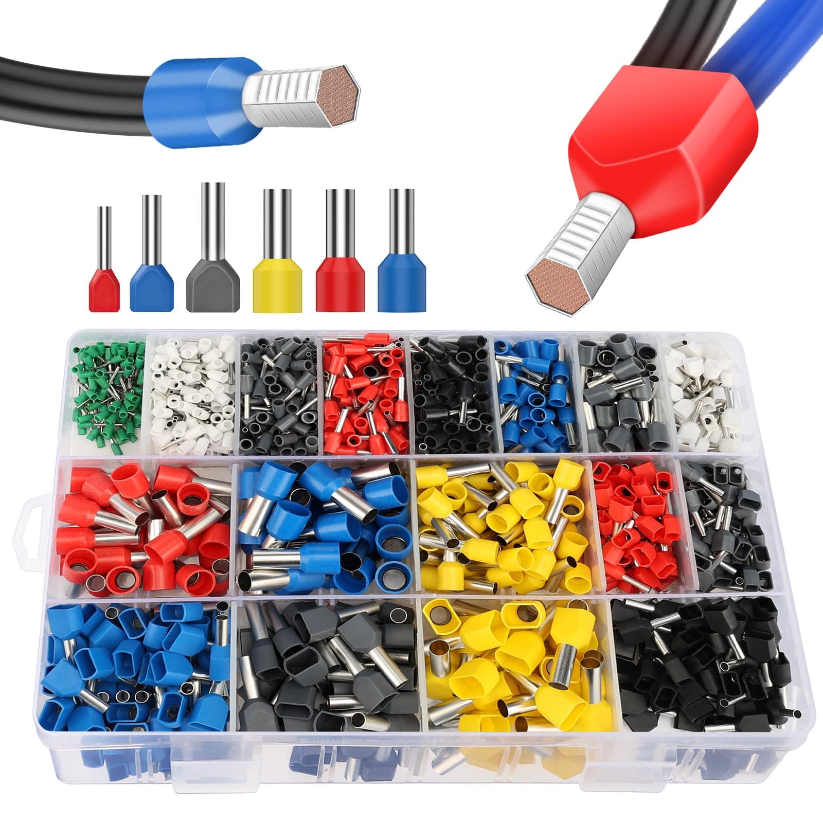Lytool Wire-Ferrule Kit 1200pcs:Ferrule-Connectors, Double Ferrules Terminal Set, Insulated Ferrule Crimp Pins, Single Line Ferrules and Twin Wire Ferrule Set, AGW 23-6