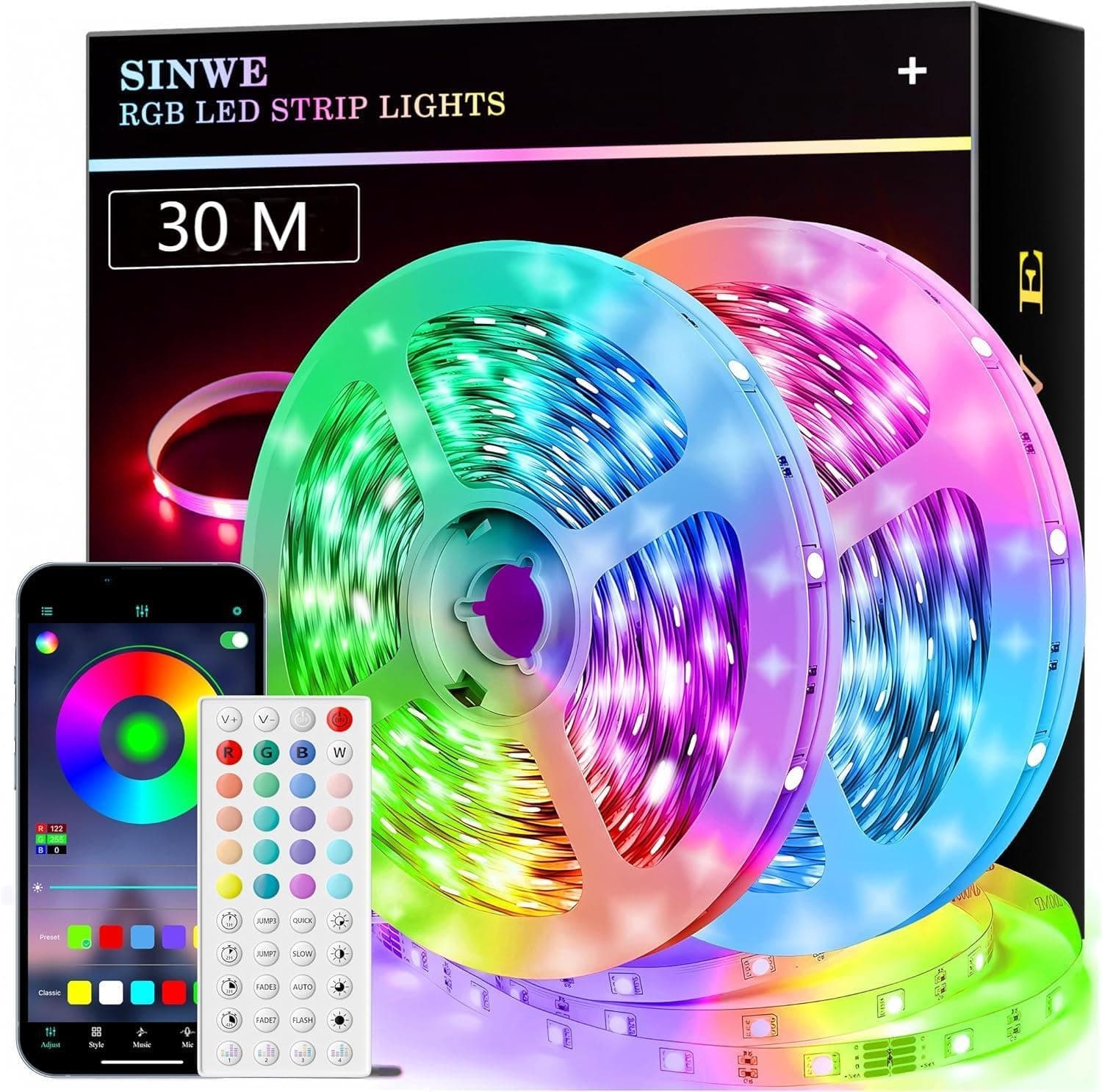 30M Led Strip Lights, Music Sync Led Lights with 44 Keys Remote and App Control, Color Changing RGB Lights for Bedroom Room Home Kitchen Party Christmas Decoration (100FT)