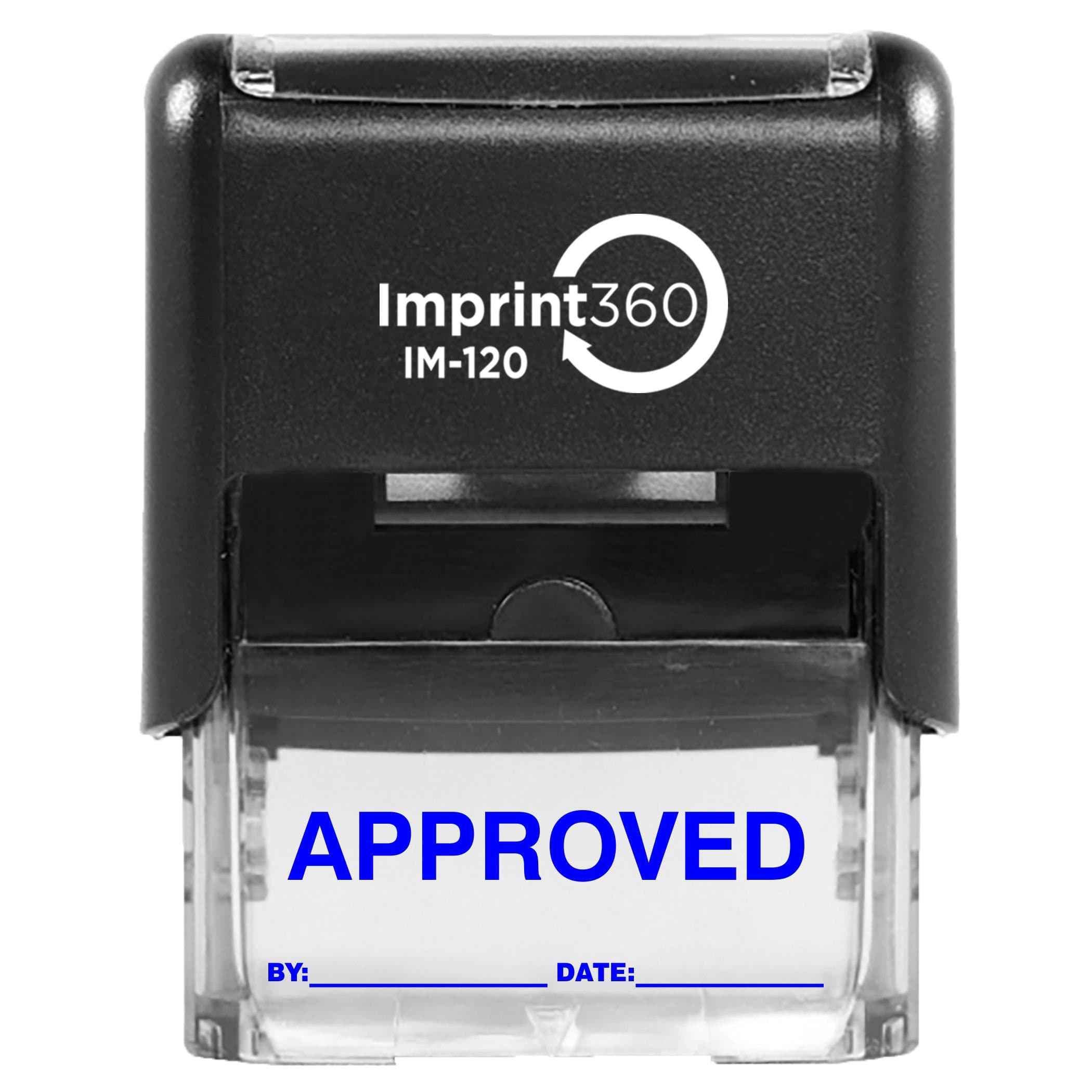 AS-IMP1102B - Approved Stamp with by: & Date:, Blue Ink, Heavy Duty Commerical Self-Inking Rubber Stamp, 9/16" x 1-1/2" Impression