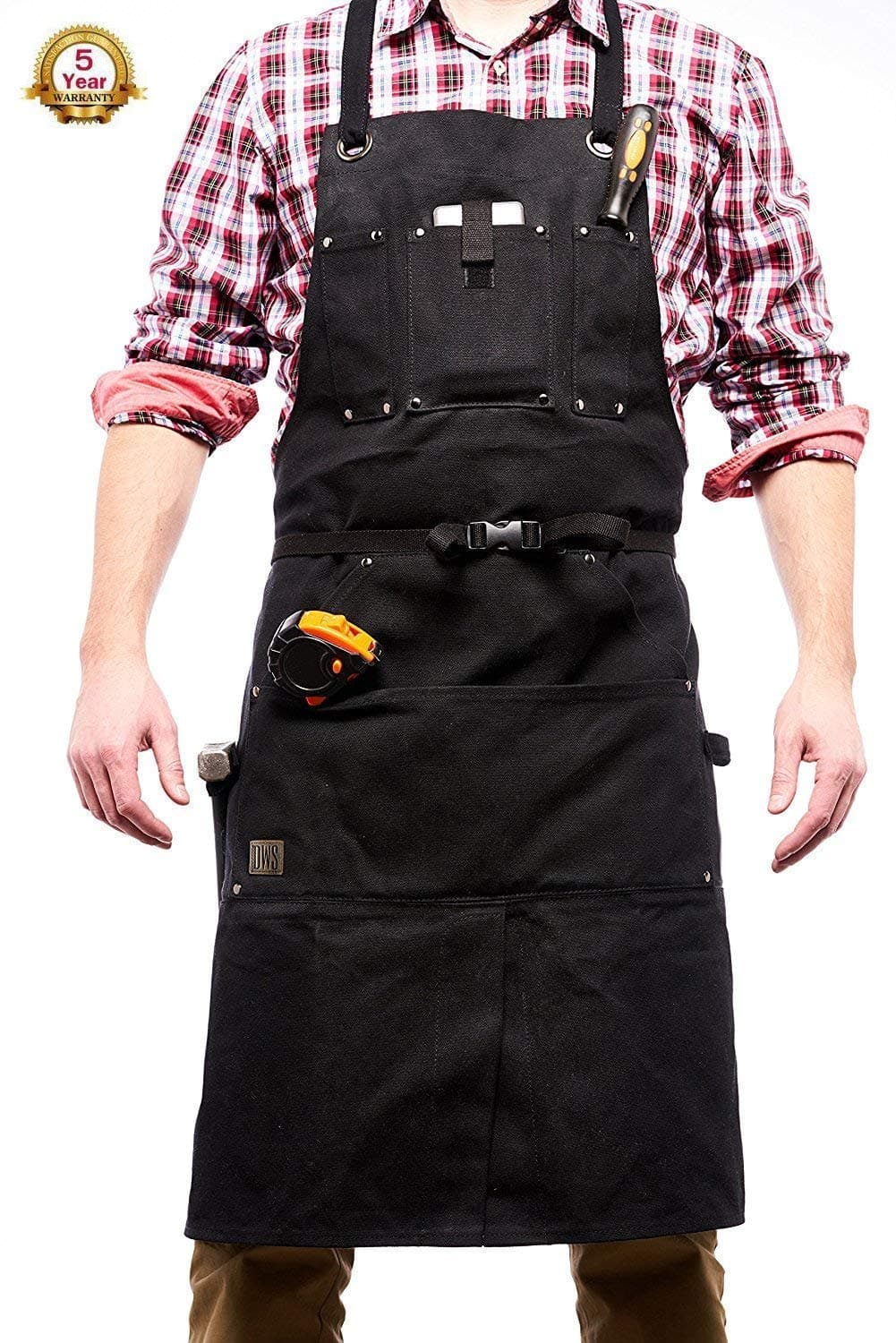 DWS Waxed canvas work apron with lots of additional pockets & roomy pouches, water resistant, with 2 hammer loops, cross-back straps adjustable up to XXL
