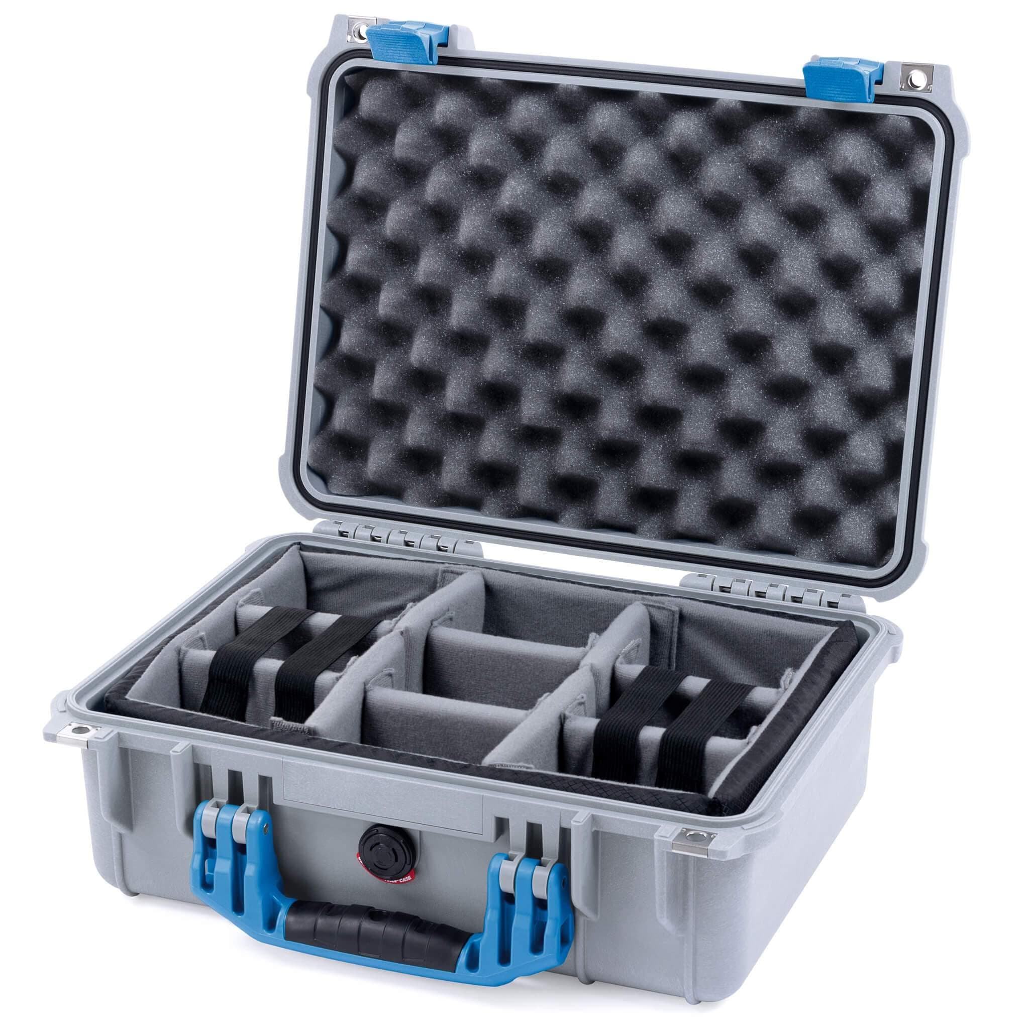 Silver Pelican 1450 case with Blue Handle and latches. Comes with Grey dividers.