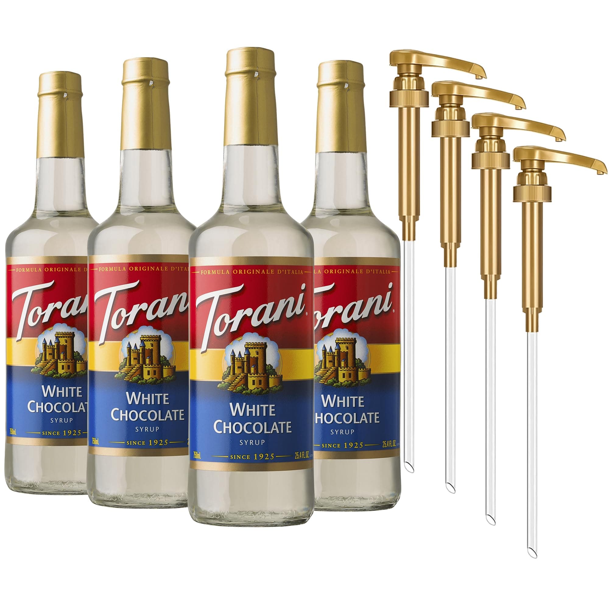 Coffee Syrup, White Chocolate Flavored Syrup for Drinks, Glass Bottle 4-Pack, Pumps Included, 25.4 Fl Oz Ea