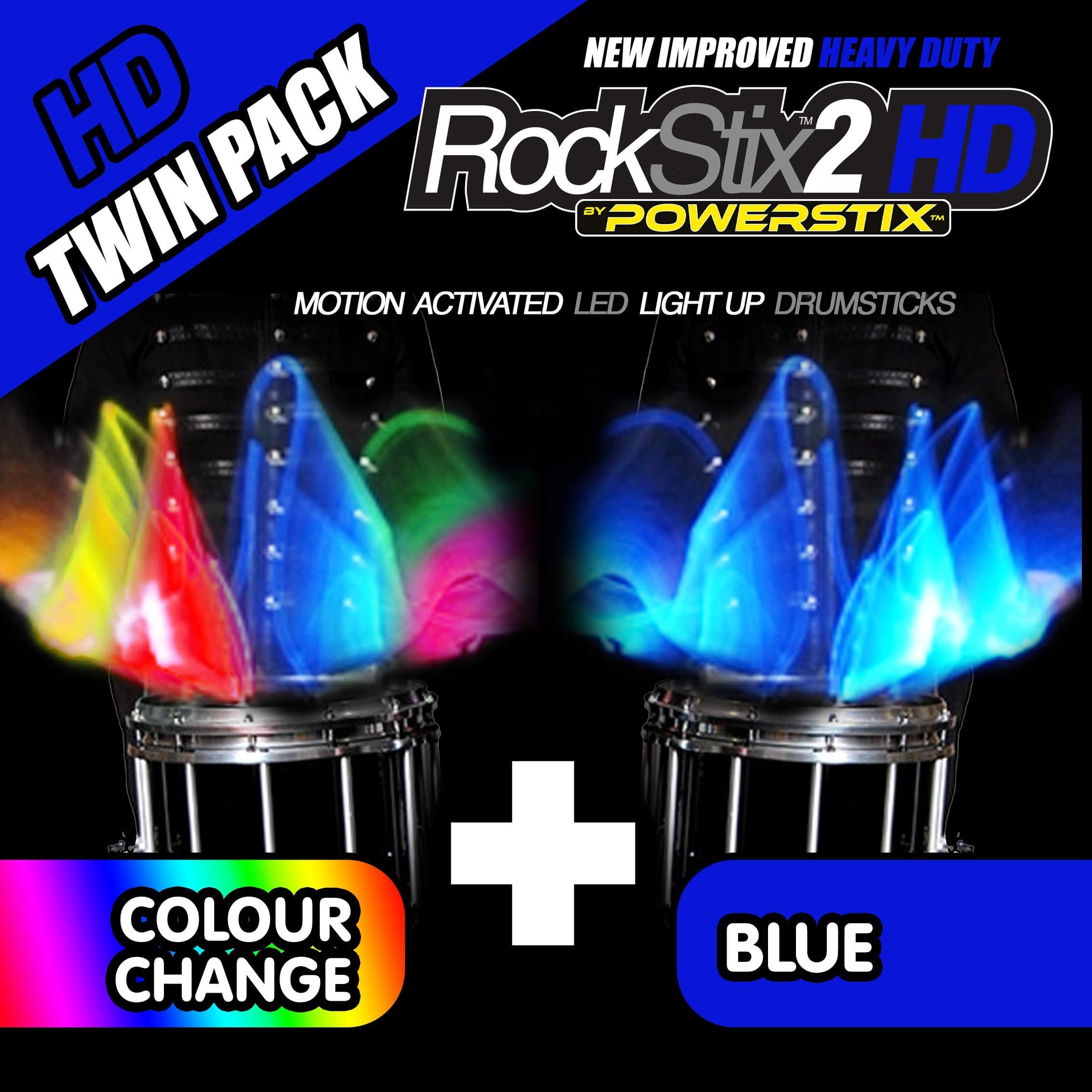TWIN PACK - ROCKSTIX2 HD LED LIGHT UP DRUM STICKS (1 Pair COLOUR CHANGE + 1 Pair BLUE)