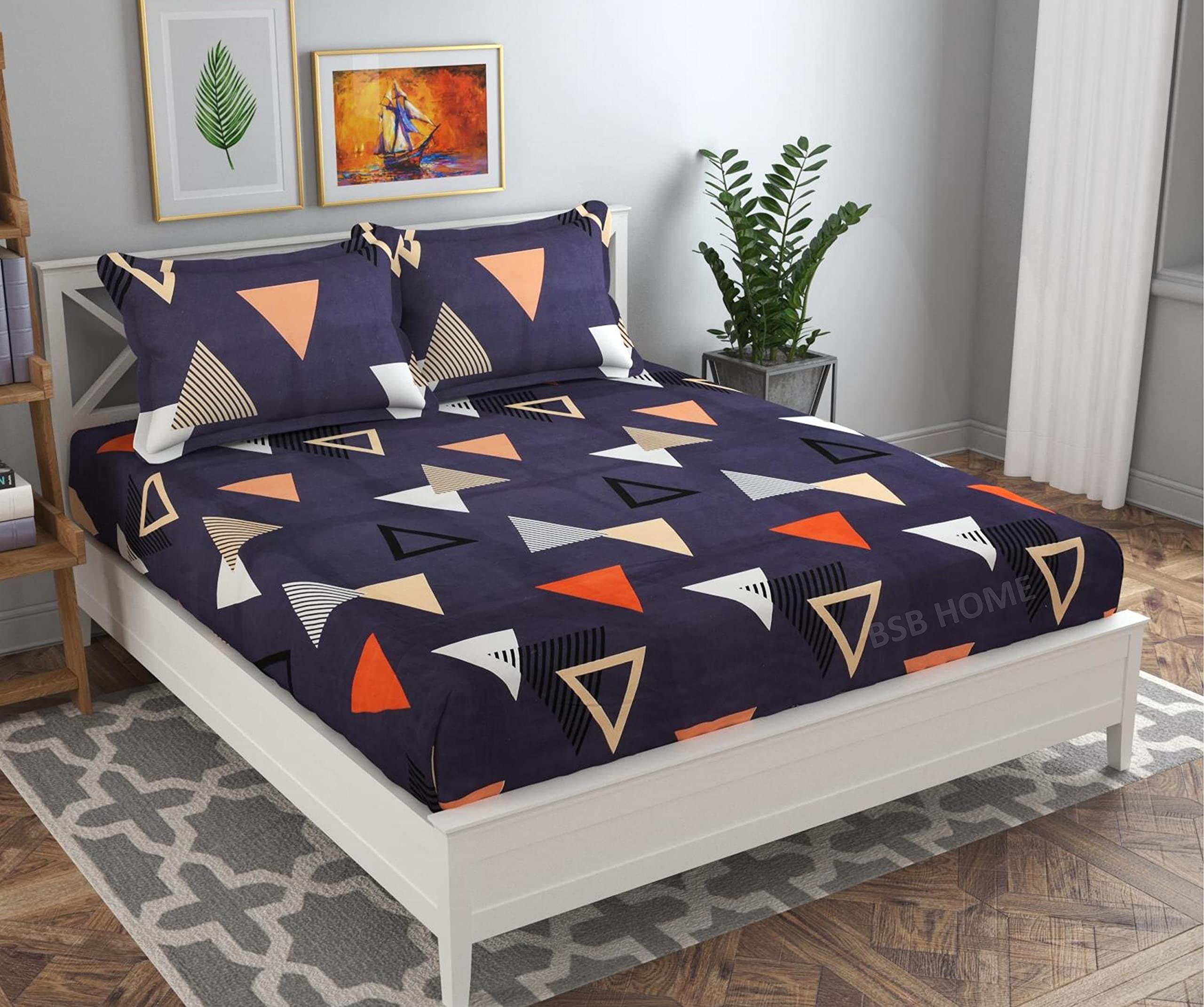 BSB HOME Premium Cotton Elastic Fitted Bedsheets with 2 King Size Pillow Covers | Double Bed with All Around Elastic 180 TC Supersoft | Size - 72 King Sizex78+10 inches | Grey Orange and White