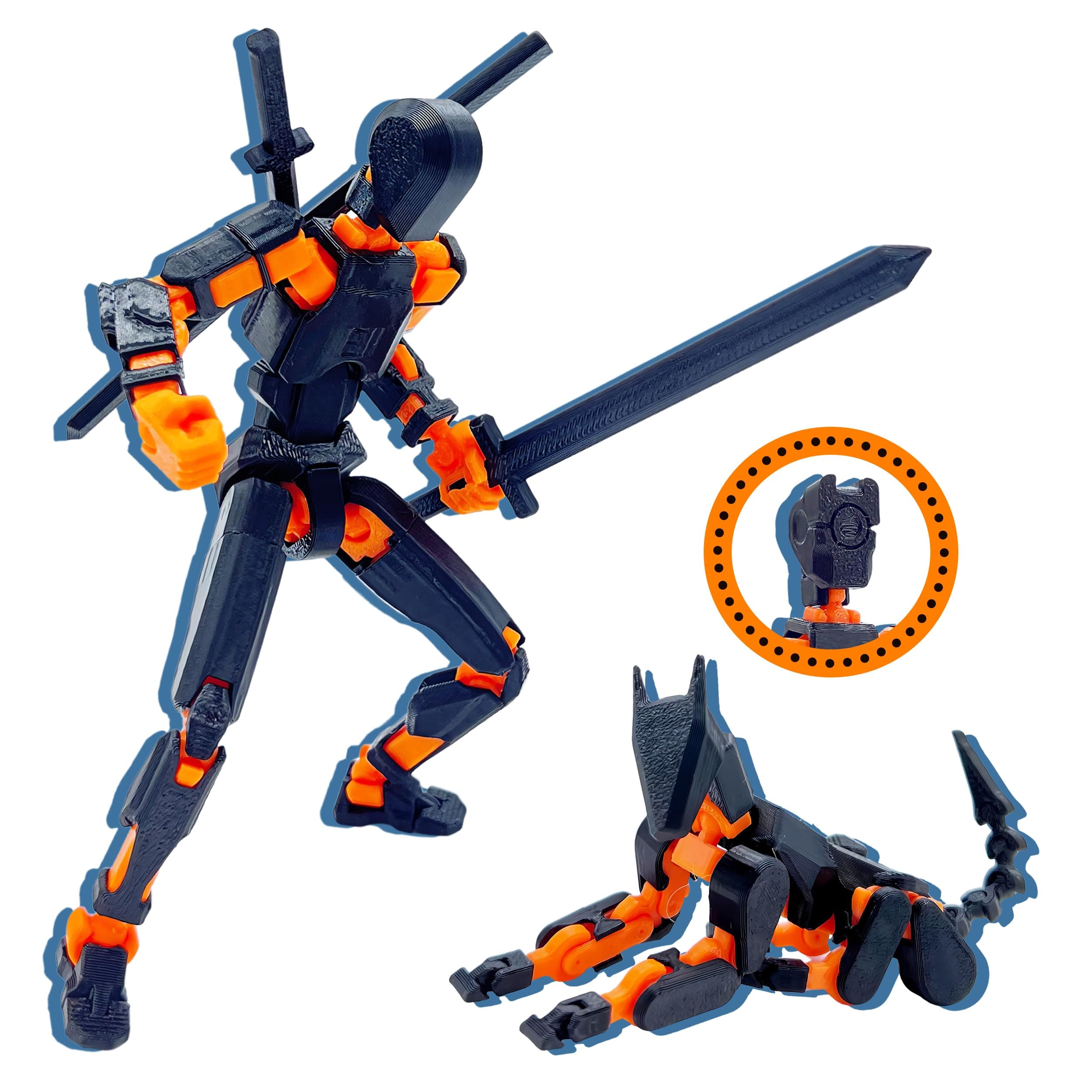 (Assembly Completed) T13 3D Action Figure Set,Dummy Robo Titan 13 Action Figures,3D Printed Multi-Jointed Toy (Black + Orange)