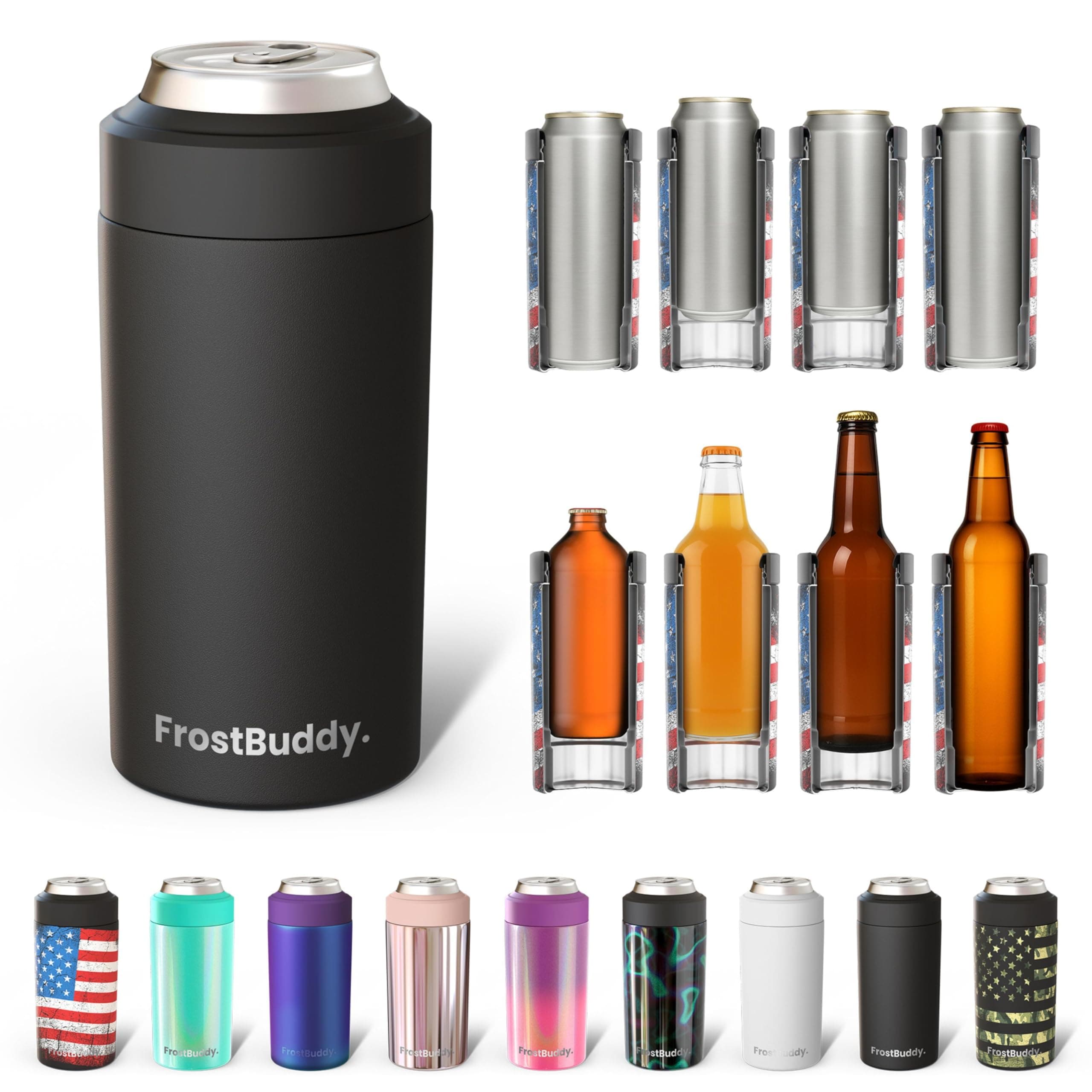 Frost Buddy Universal Buddy Can Cooler - Fits All - For Regular 12 & 16 oz or Slim-Size Bottles - Insulated Double-Walled Stainless Steel Koozie (MatteBlack)