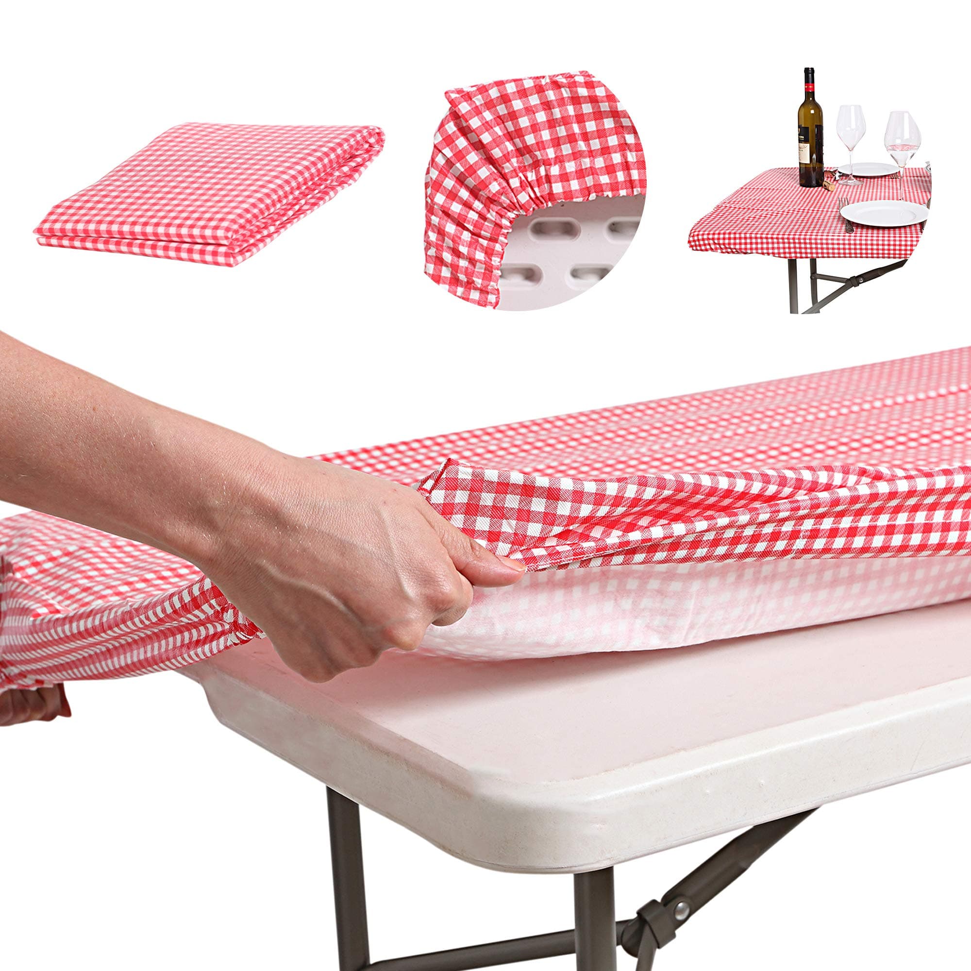 AtkEssentialProducts Waterproof Plastic Vinyl Tablecloth Elastic Edged Rectangular Fitted Picnic Cover Outdoor tablecloths Rectangle Tables Home Indoor Fits 8 ft 32x96 Folding Table Red Patterned…