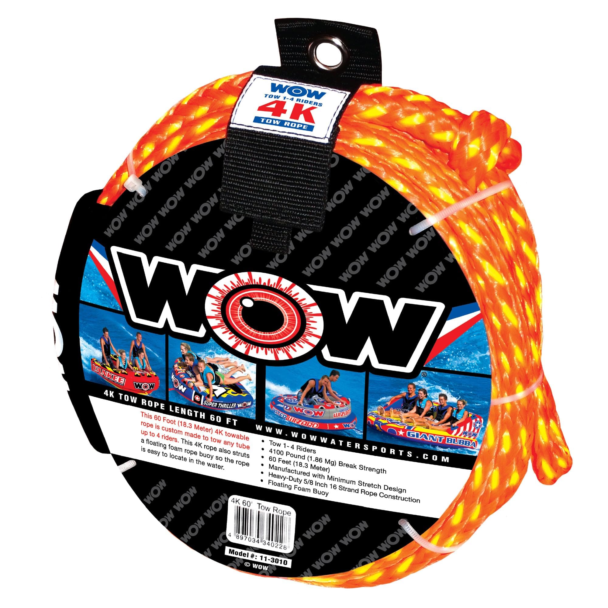 WOW Sports World of Watersports 4k 60 ft. Tow Rope with Floating Foam Buoy 1 2 3 or 4 Person Tow Rope for Boating, 11-3010