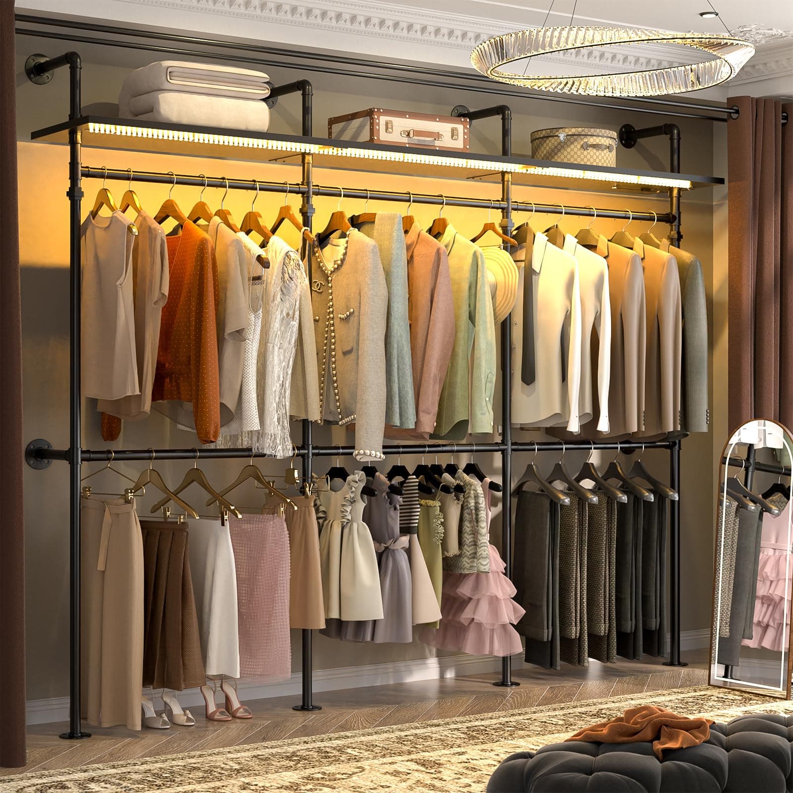 Aheaplus Industrial Pipe Clothing Rack, Reversible 118.3'' Clothes Rack for Hanging Clothes, Heavy Duty Garment Rack Closet Wardrobe Rack with LED Lights& Shelves, Walk-in Closet System, Black