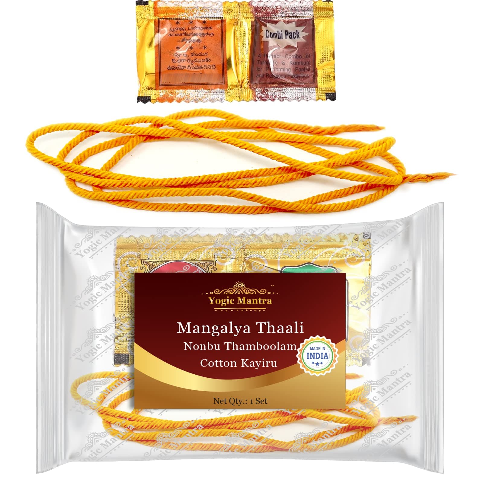 Yogic Mantra Mangalya Thread Set (48 Inches Cotton Thread + Haldi & Kumkum) Nonbu Thamboolam Mangalsutra, Mangalyam Thaali Mangal Sutra, Mangalaya Thali Thirumangalyam, South Indian Thirumangalayam