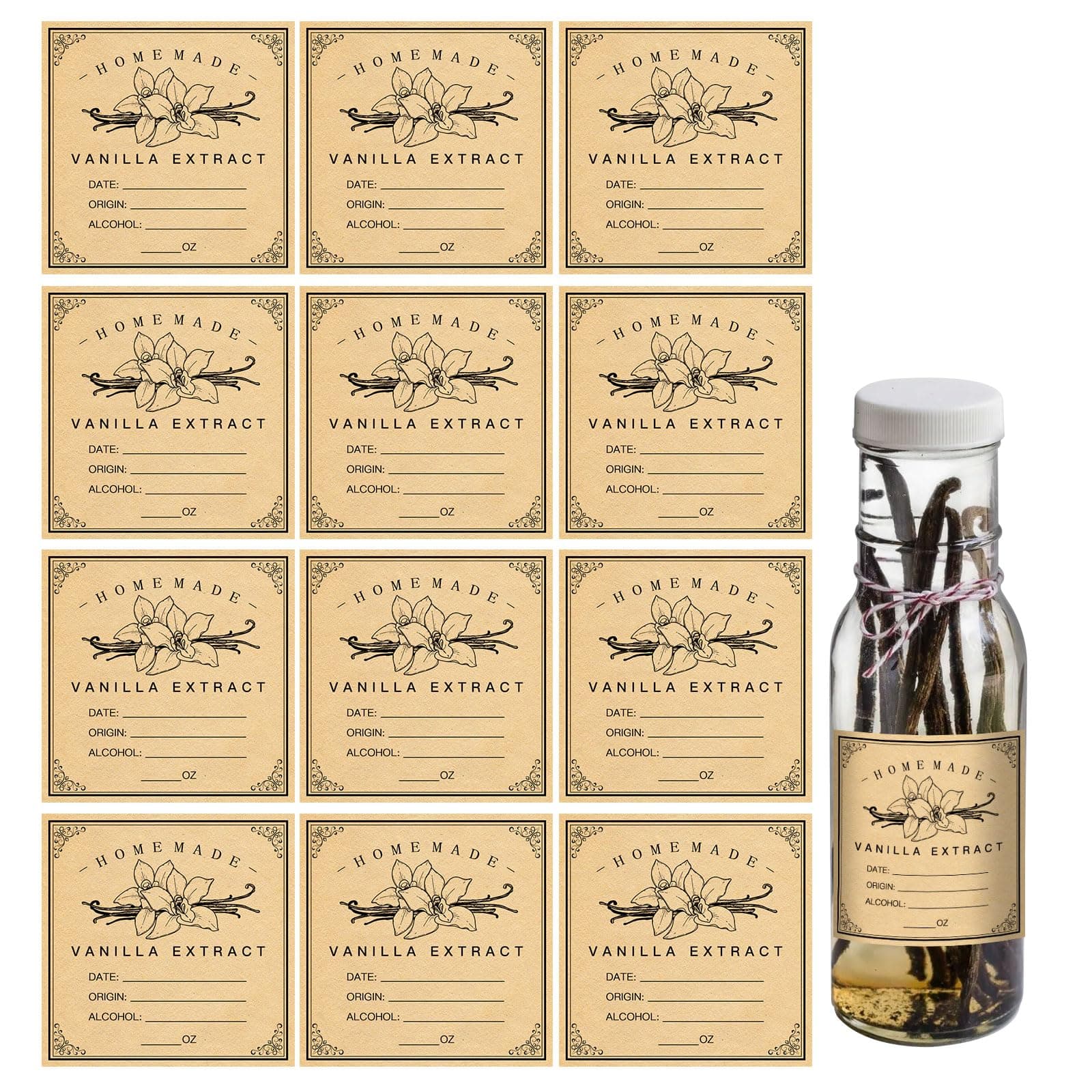 12 PCS Vanilla Extract Labels,Vanilla Instruction Labels for Handcrafted Vanilla Bottles,2.5"×2.5",Minimalist Homemade Vanilla Extract Stickers