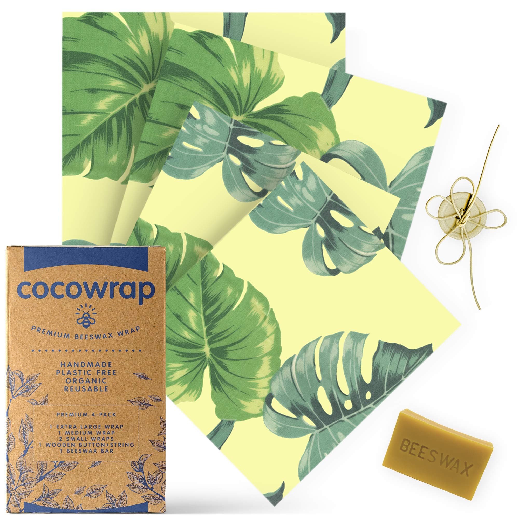 Beeswax Food Wraps 4 Set (2 Small, 1 Medium, 1 Large) | Includes Beeswax Bar & String Tie with Button | Zero Plastic Waste Food Grade Waterproof Wrapper Sheets for Produce