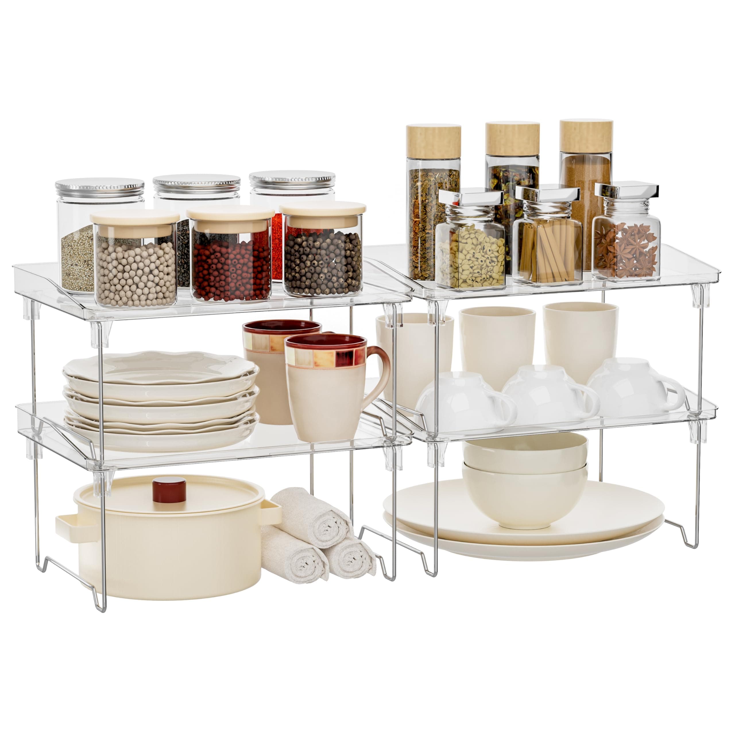 STARLATTA Acrylic Cabinet Organizer Shelf,4 Pcs Stackable Kitchen Counter Shelves,Spice Rack,Countertop Organizers,Clear Plastic Storage Organization for Makeup,Bathroom,Cupboard,Desk,Pantry