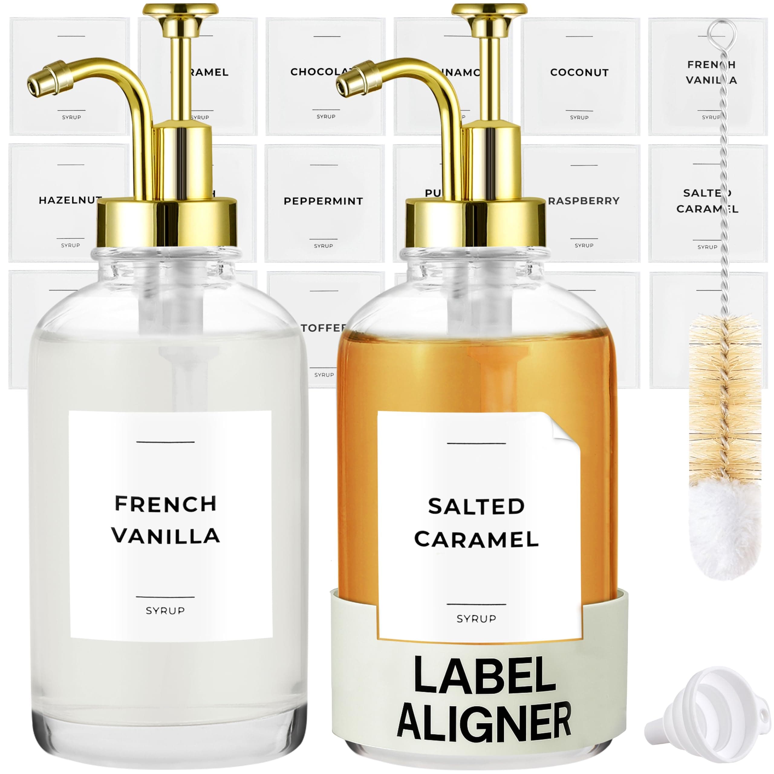 Coffee Syrup Dispenser with Pump - Includes 24 Flavour Labels - Glass Syrup Dispenser for Coffee Bar - Elevate your Beverage Station with 500 ml Flavouring Container Bottles, 2pcs, Gold