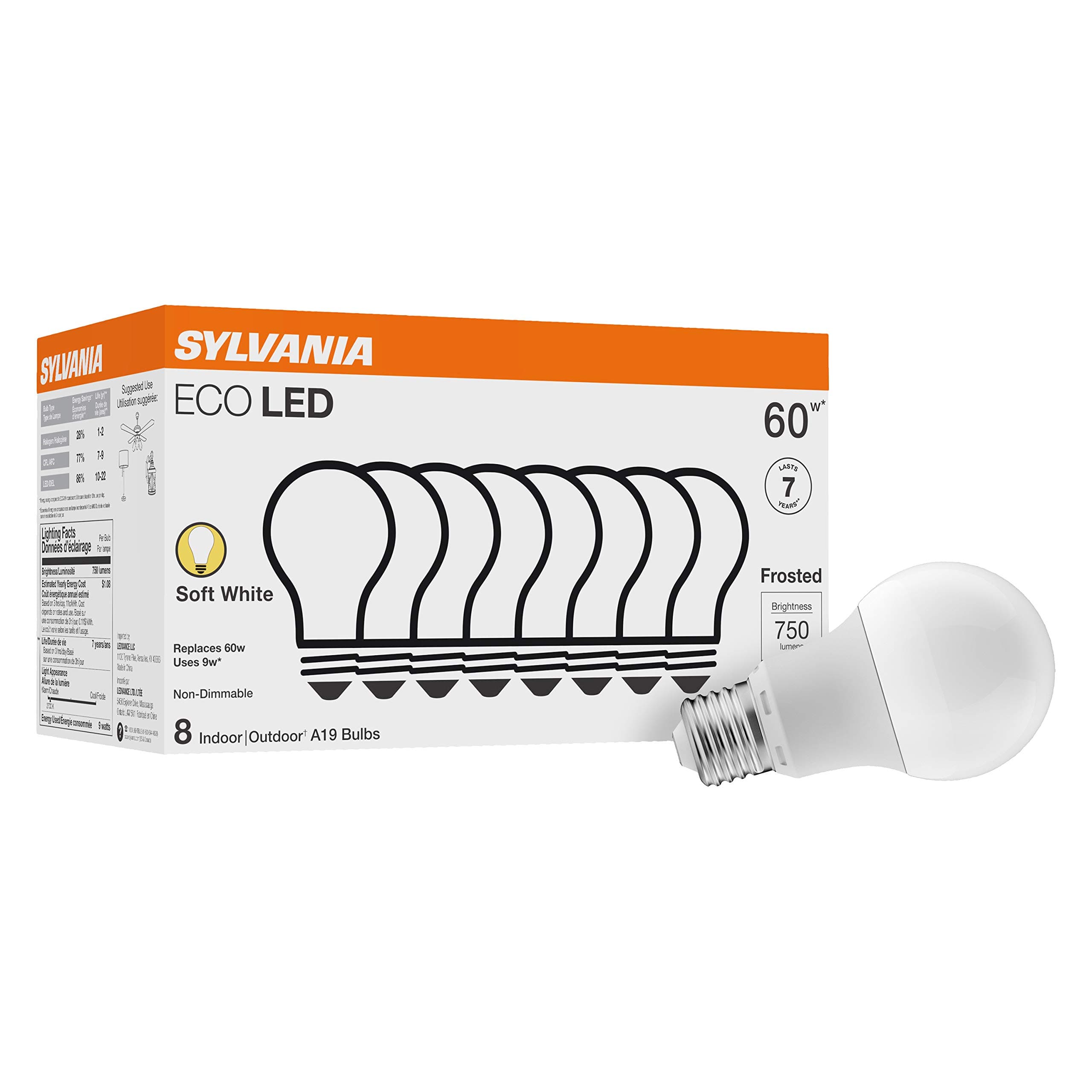Sylvania 40821 LED A19 60W Equivalent, Efficient 8.5W, Soft White Color Temperature 2700K, 8 Pack