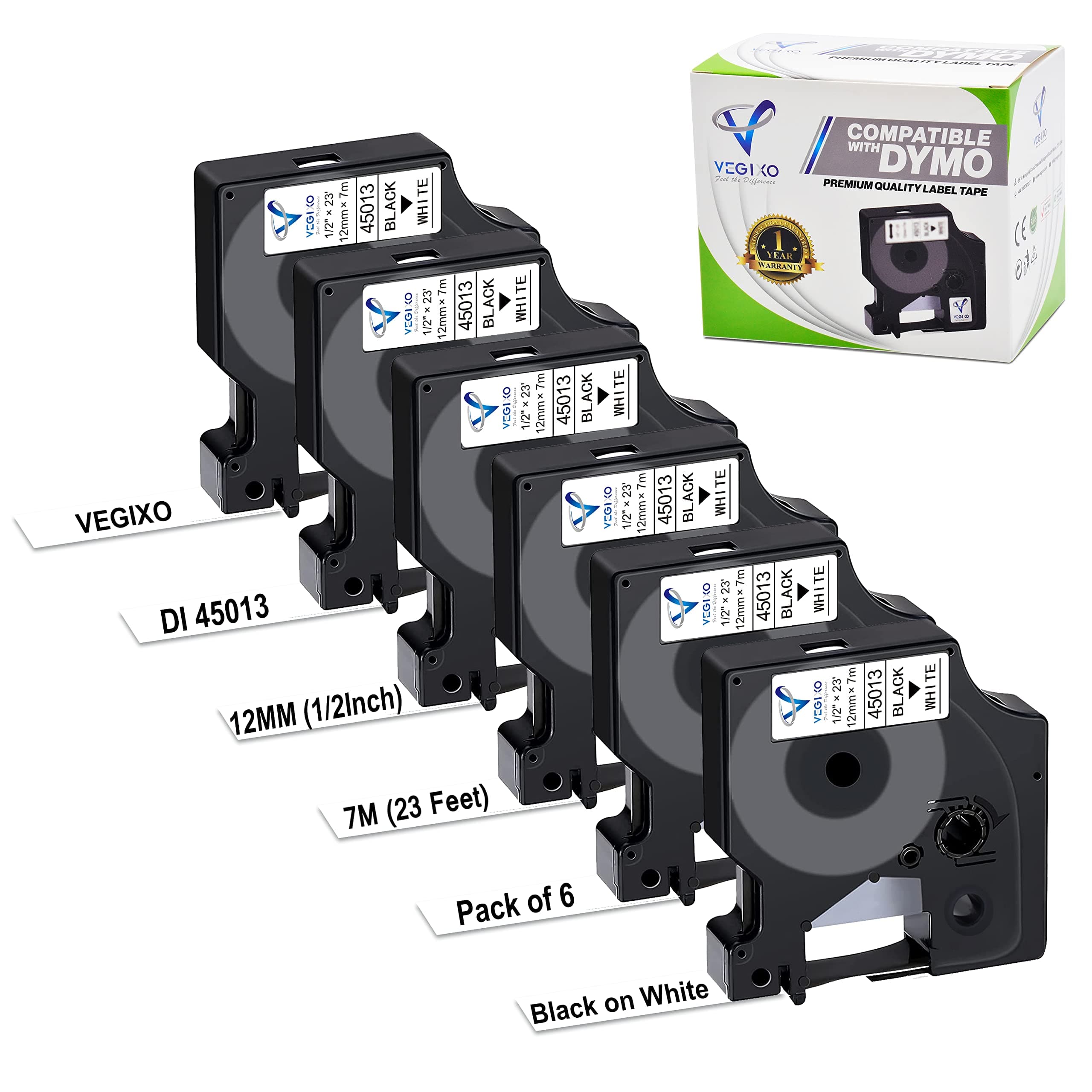 12mm X 7m - Black on White D1 Label Tape Pack of 6 - Replacement for 45013 S0720530 Dymo Label Printer Tape, Compatible with Dymo Label Maker 160, 210D, Label Writer 450D, 500TS.