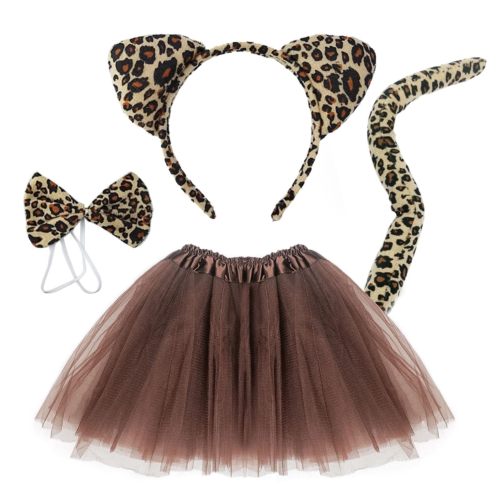 4 Pcs leopard ears headband Set Include Animal Tutu Skirt Costume Ears Tail Bow Tie for Toddler Kids Halloween Fancy Dress Up Birthday Costume Accessories