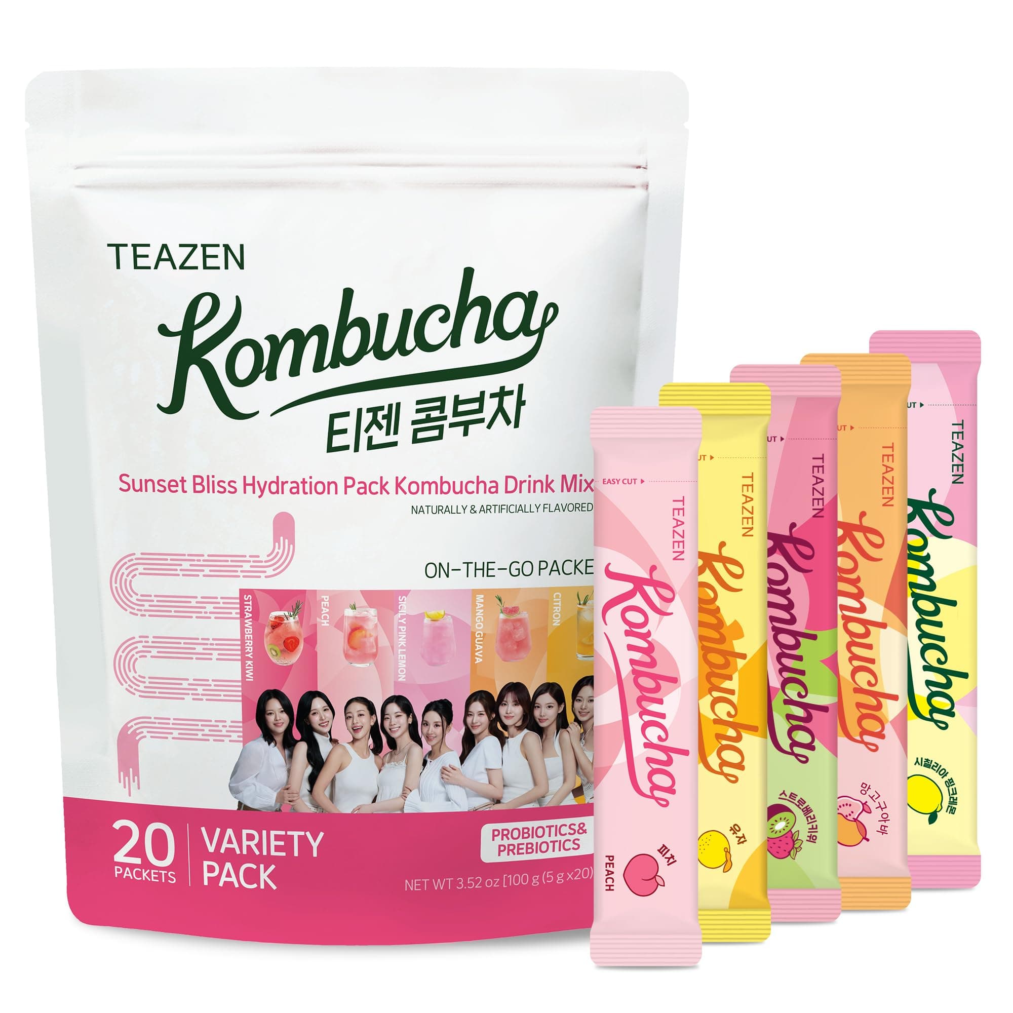 Kombucha Tea Sunset Bliss Hydration Variety Pack - 20 Sticks, 5 Flavors (Peach, Mango-Guava, Strawberry-Kiwi, Citron, Mulled Wine)