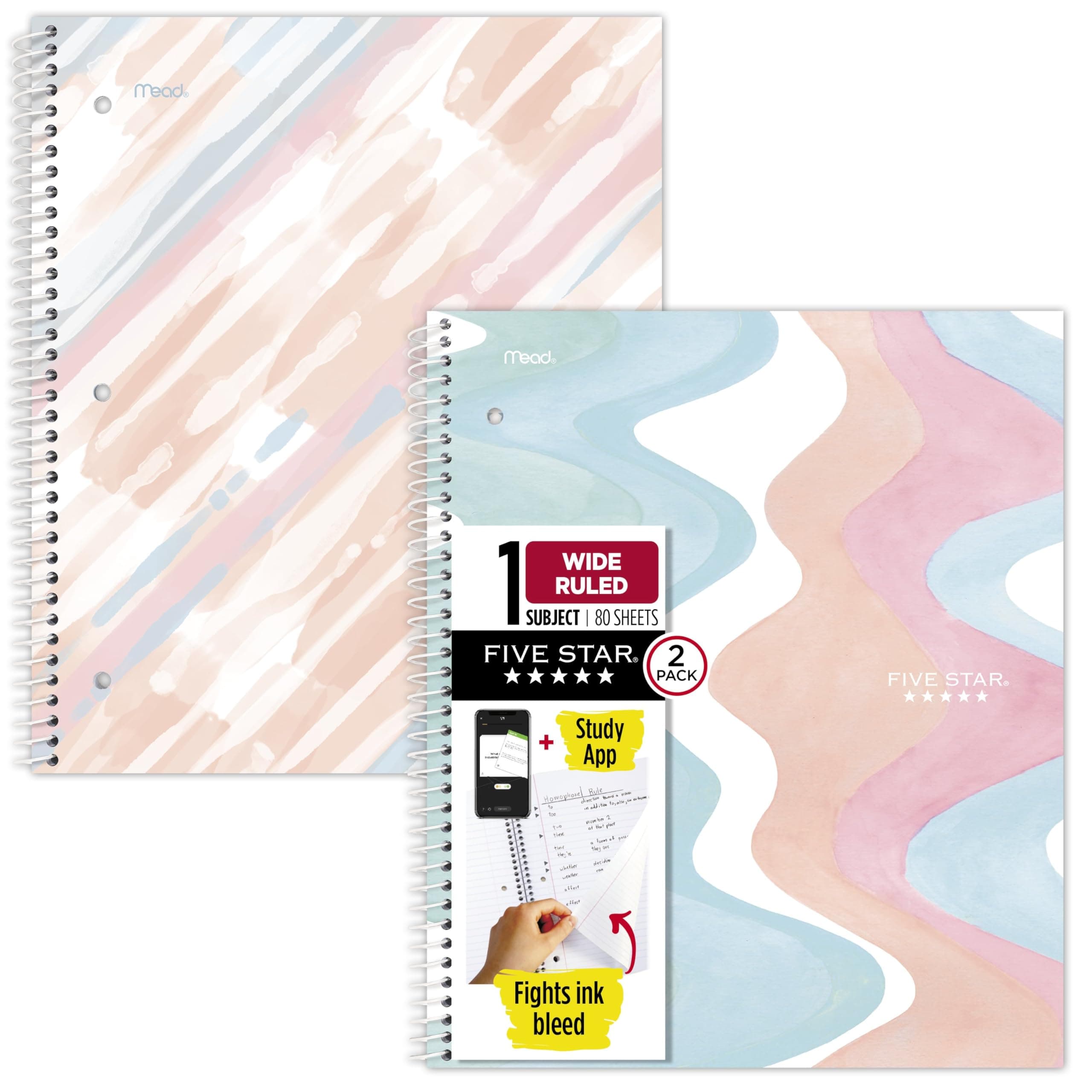 Spiral Notebook + Study App, 2 Pack, 1 Subject, Wide Ruled, 8" x 10-1/2", 80 Sheets, Fights Ink Bleed, Water Resistant Cover, Pastel Waves and Brush Strokes (930210F-ECM)