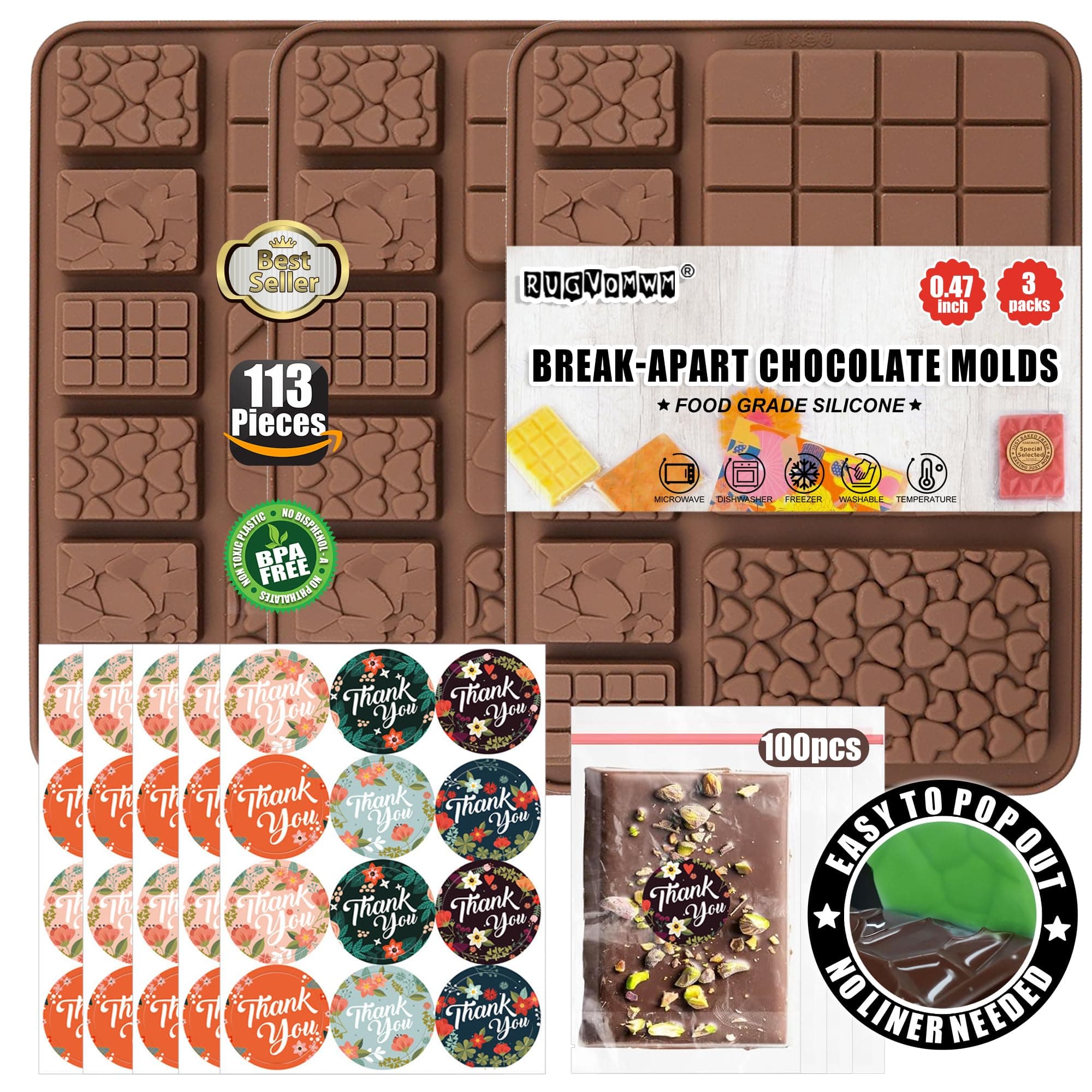 9 in 1 Silicone Break Apart Chocolate Bar Mold with Plastic Bags and Thanks for the stickers,Non Stick Homemade Protein and Energy Bar Mould - 113pcs