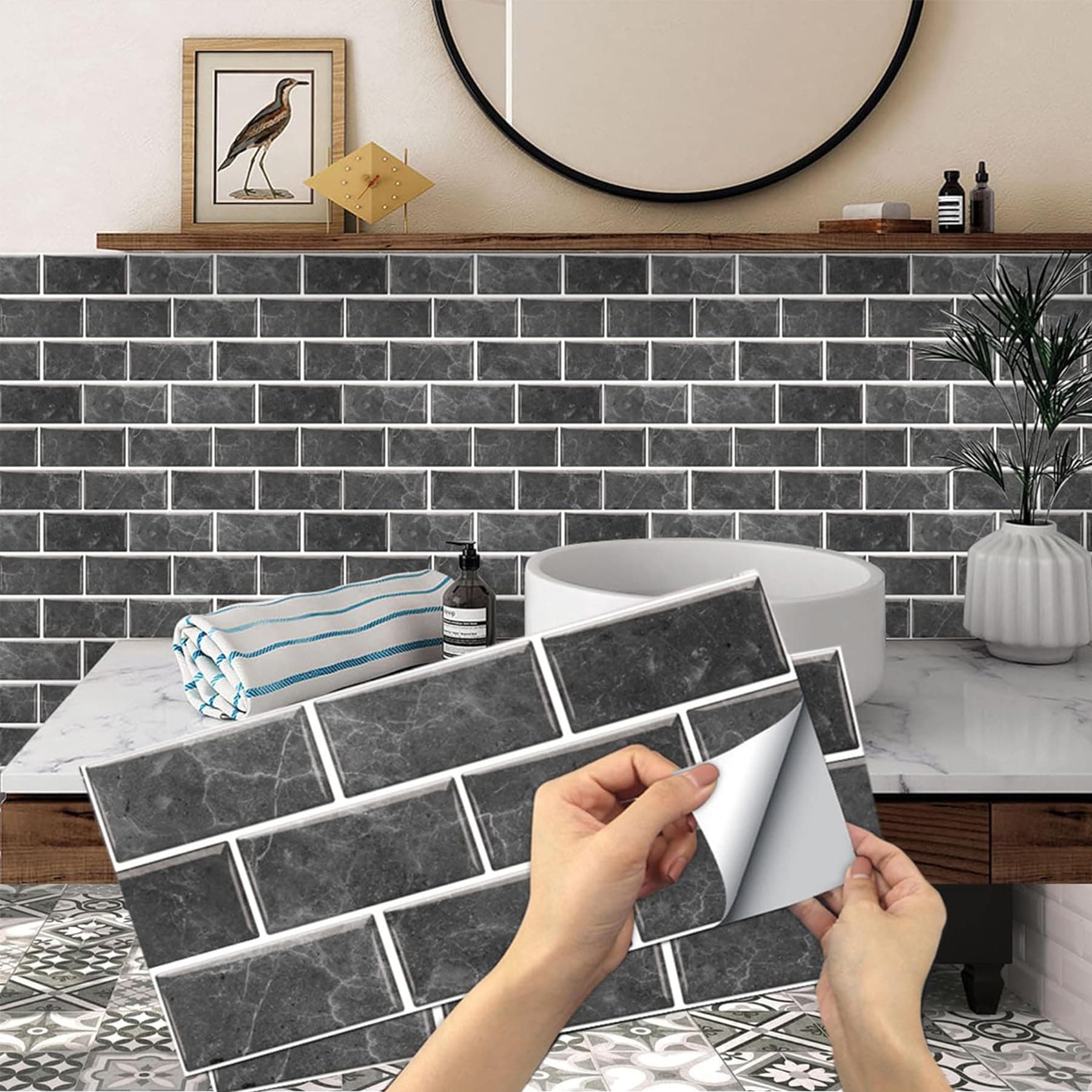 24 Sheets Black Tile Stickers, Peel and Stick Vinyl Backsplash Tiles Self Adhesive Waterproof Oilproof Tiles Retro Style DIY Home Decor for Kitchen Bathroom