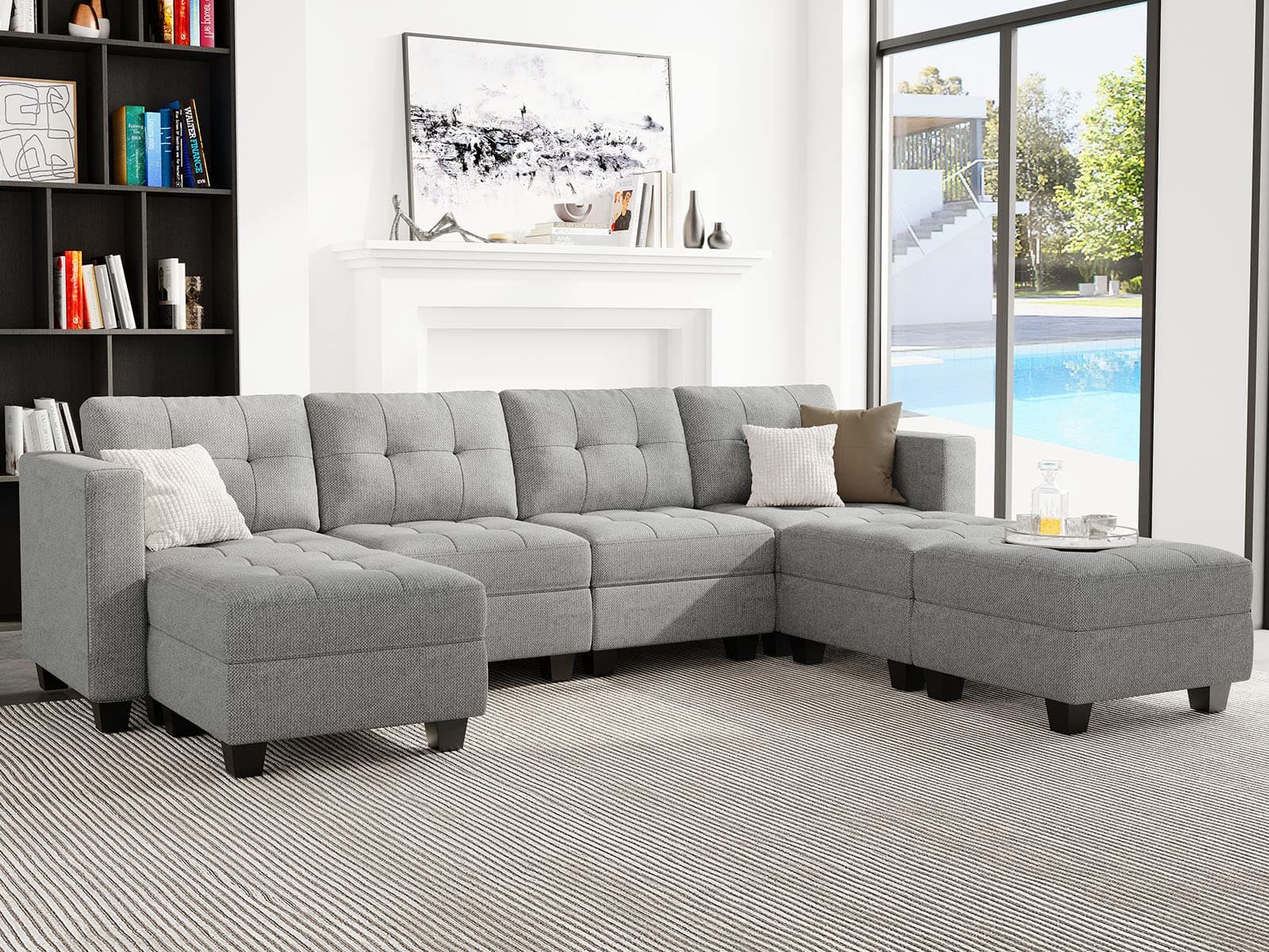 Belffin Modular Storage U-Shape Sectional Sofa Couch with Reversible Chaises 7-seat Sofa with Storage Seat Modular Sectional Sofa Set with Ottomans Modern Fabric Light Grey