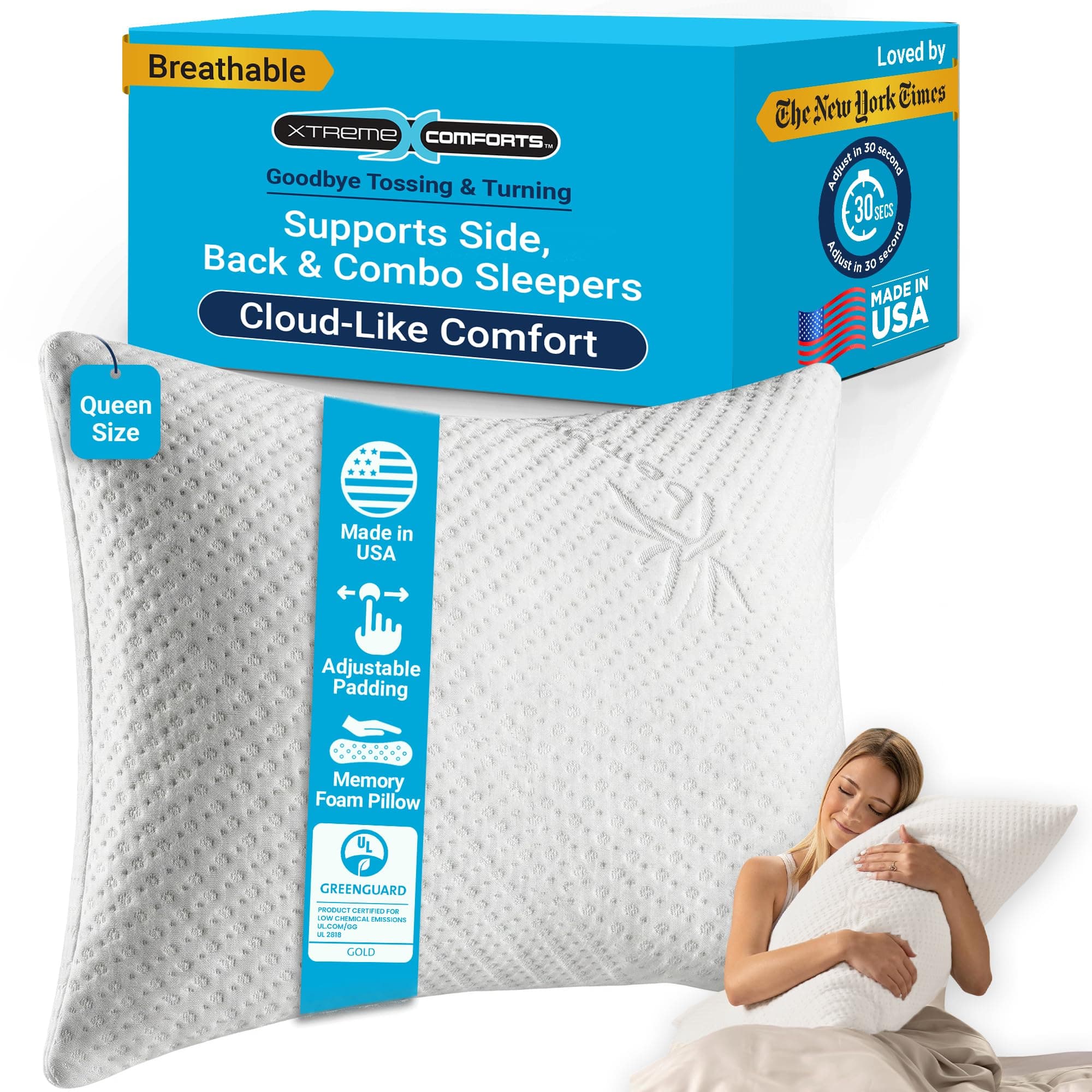 Xtreme Comforts Shredded Memory Foam Pillow- Allergy-Friendly & Cooling Pillow Cover for Side, Back & Stomach Sleepers- Machine Washable - Foam Pillows for Sleeping & Neck Pain Relief (Queen)