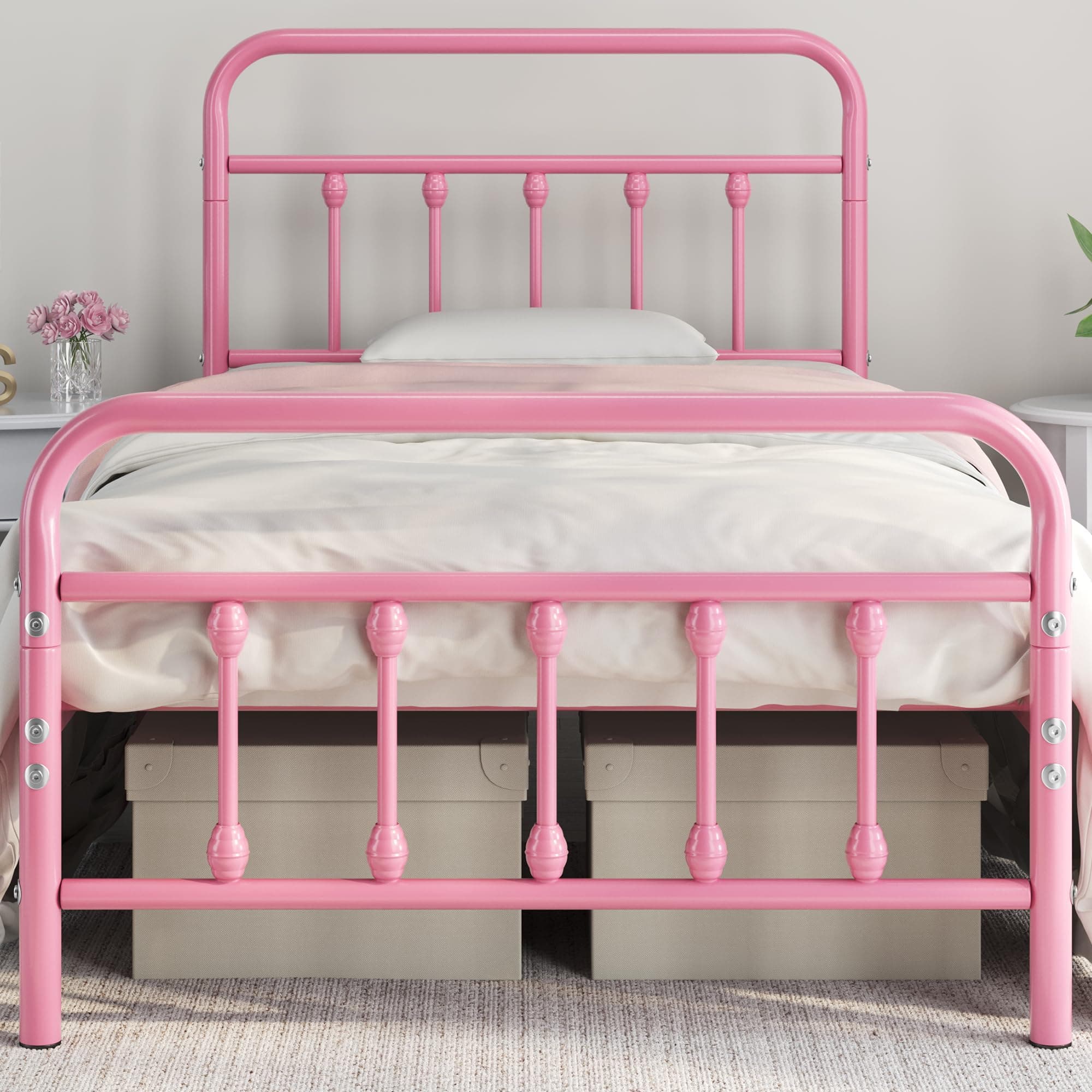 Yaheetech 3ft Single Bed Frame Vintage Iron Platform Bed with High Headboard and Footboard, Strong Metal-Framed Bed with Storage Pink
